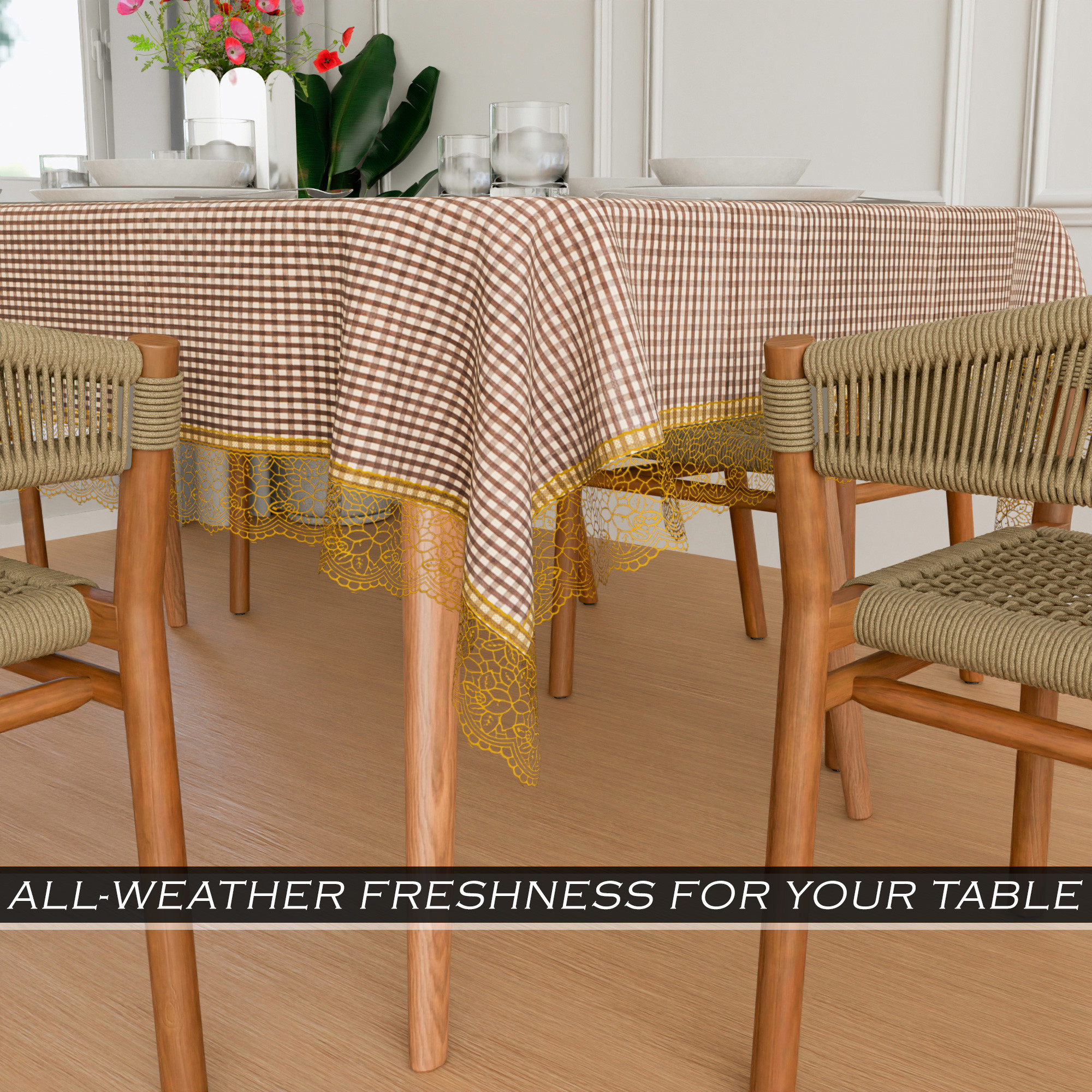 Kuber Industries Dining Table Cover  60x90 Inch  6 Seater Dining Table  PVC Table Cloth  Kitchen Table Cover  Waterproof Table Cover  Table Cloth for Dining Table  Barik Check  Dark Brown