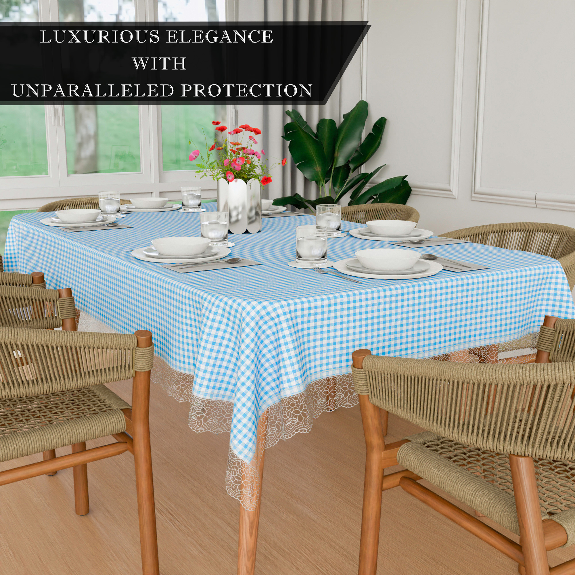 Kuber Industries Dining Table Cover  60x90 Inch  6 Seater Dining Table  PVC Table Cloth  Kitchen Table Cover  Waterproof Table Cover  Table Cloth for Dining Table  Barik Check  Sky Blue