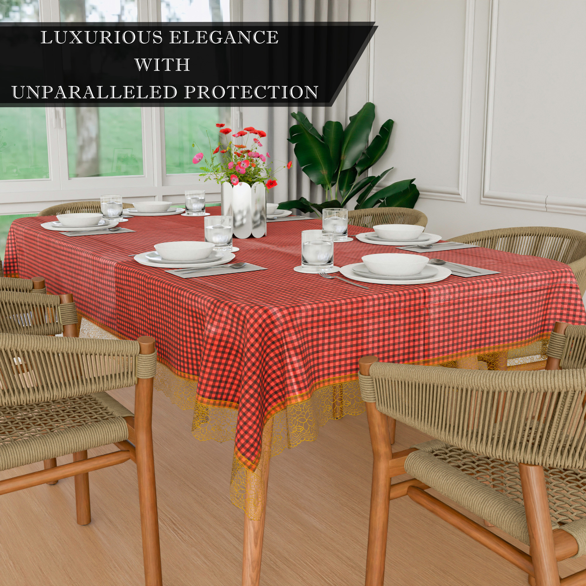 Kuber Industries Dining Table Cover  60x90 Inch  6 Seater Dining Table  PVC Table Cloth  Kitchen Table Cover  Waterproof Table Cover  Table Cloth for Dining Table  Barik Check  Maroon