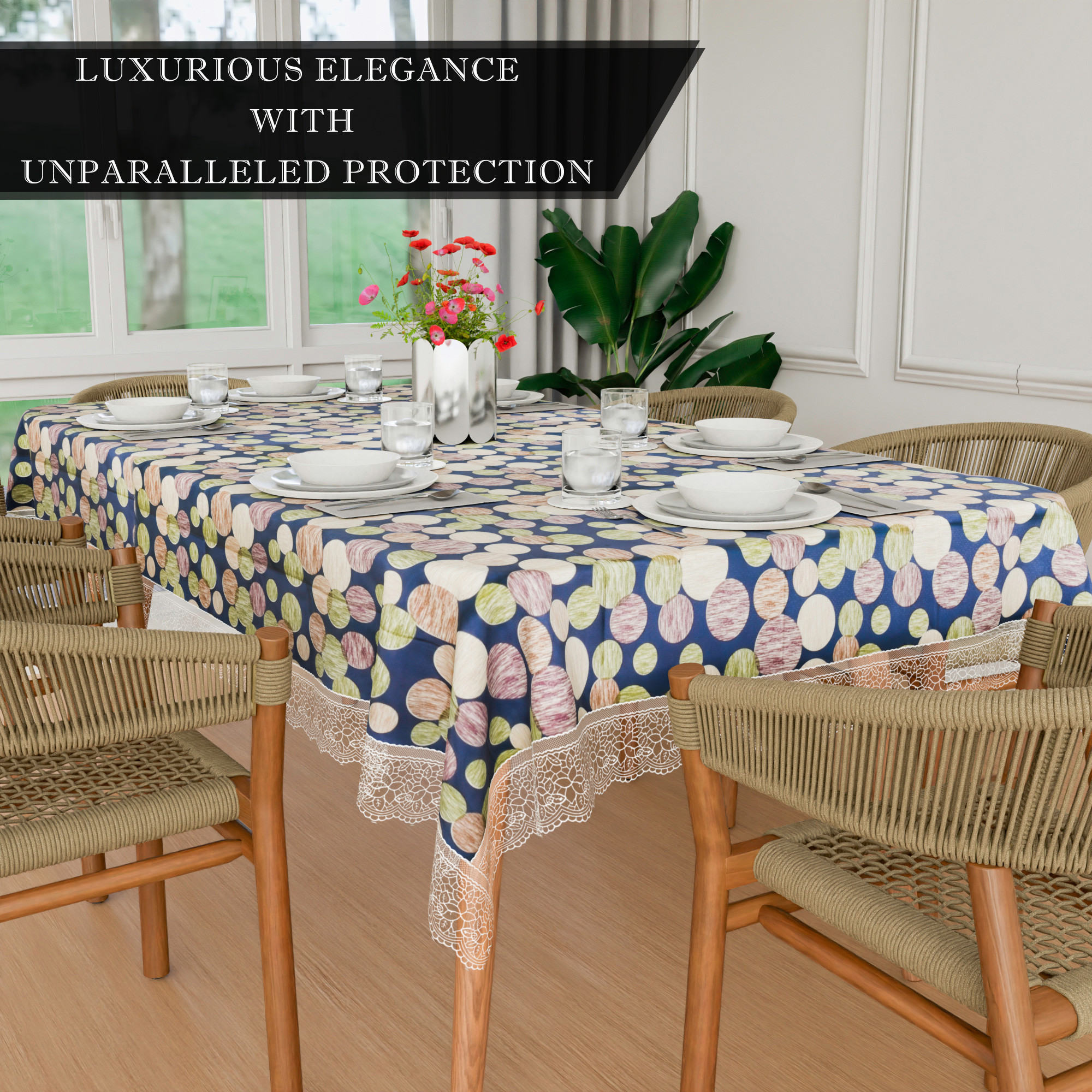 Kuber Industries Dining Table Cover  60x90 Inch  6 Seater Dining Table  PVC Table Cloth  Kitchen Table Cover  Waterproof Table Cover  Table Cloth for Dining Table  Multi Dot  Blue