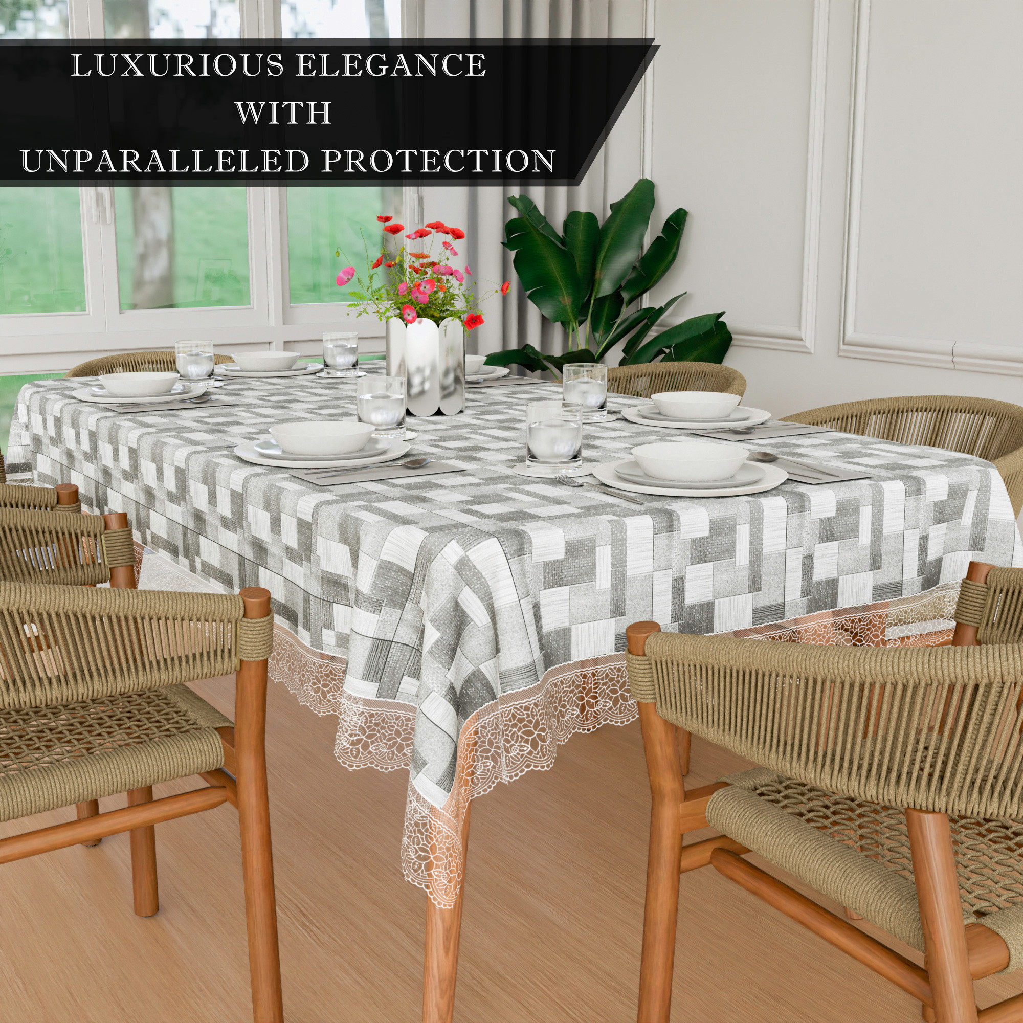 Kuber Industries Dining Table Cover  60x90 Inch  6 Seater Dining Table  PVC Table Cloth  Kitchen Table Cover  Waterproof Table Cover  Table Cloth for Dining Table  New Check  Grey