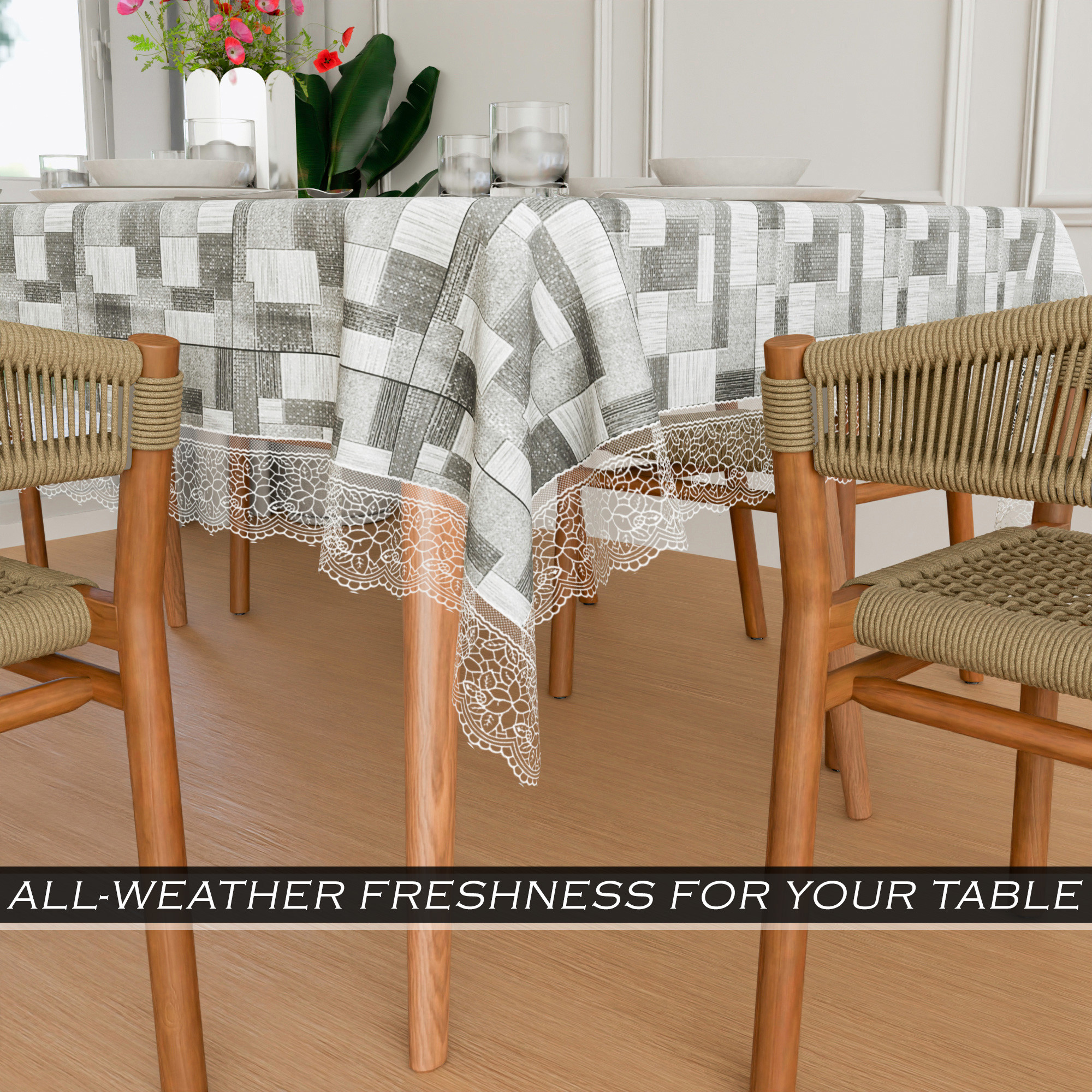 Kuber Industries Dining Table Cover  60x90 Inch  6 Seater Dining Table  PVC Table Cloth  Kitchen Table Cover  Waterproof Table Cover  Table Cloth for Dining Table  New Check  Grey