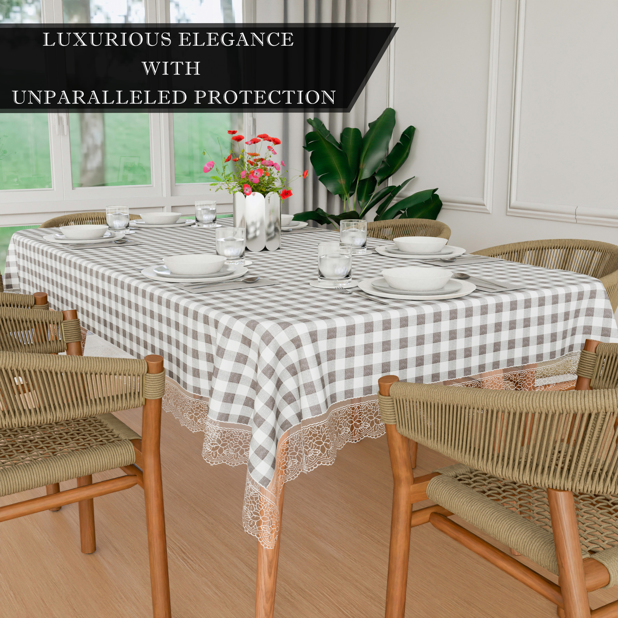 Kuber Industries Dining Table Cover  60x90 Inch  6 Seater Dining Table  PVC Table Cloth  Kitchen Table Cover  Waterproof Table Cover  Table Cloth for Dining Table  Mota Check  Brown