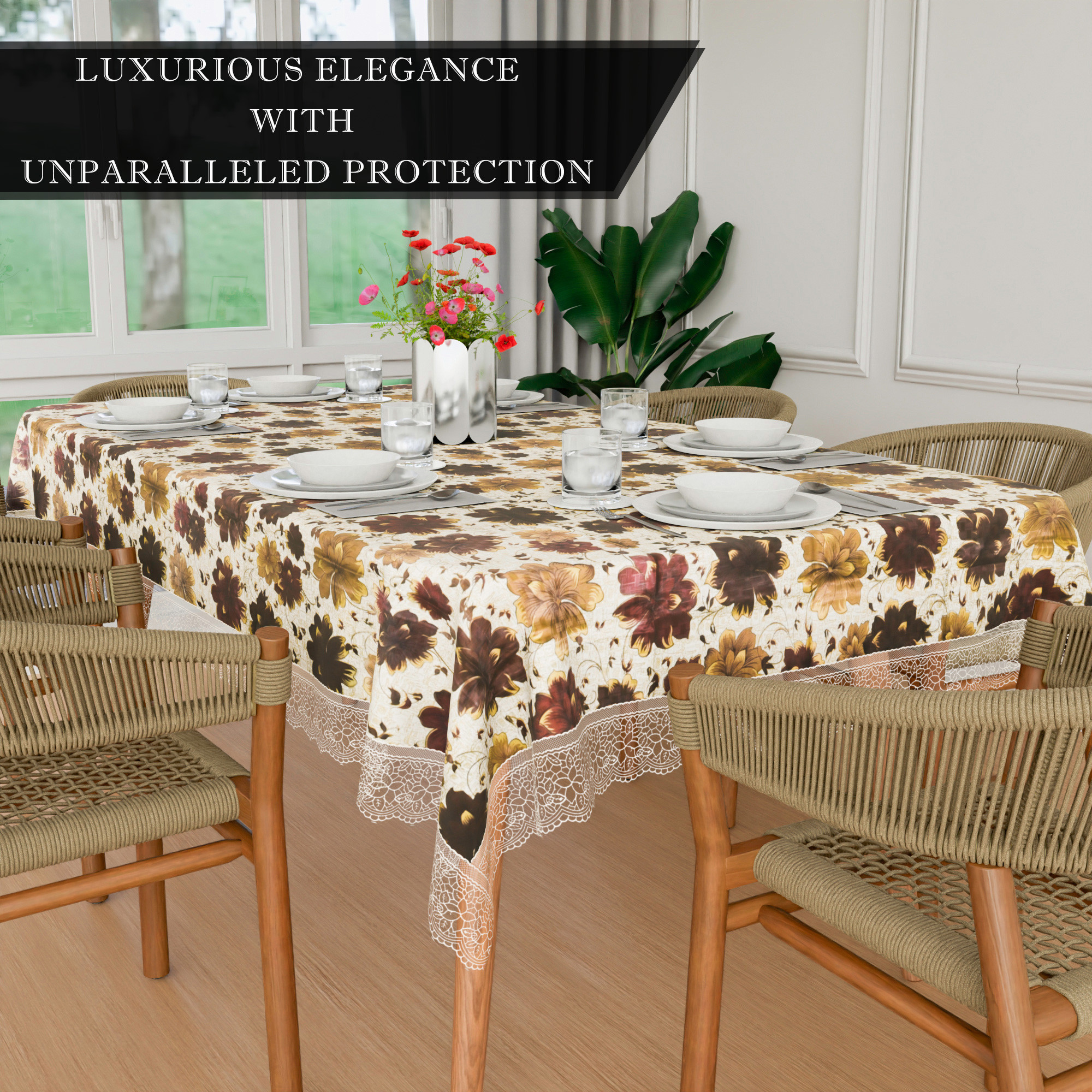 Kuber Industries Dining Table Cover  60x90 Inch  6 Seater Dining Table  PVC Table Cloth  Kitchen Table Cover  Waterproof Table Cover  Table Cloth for Dining Table  New Flower  Brown