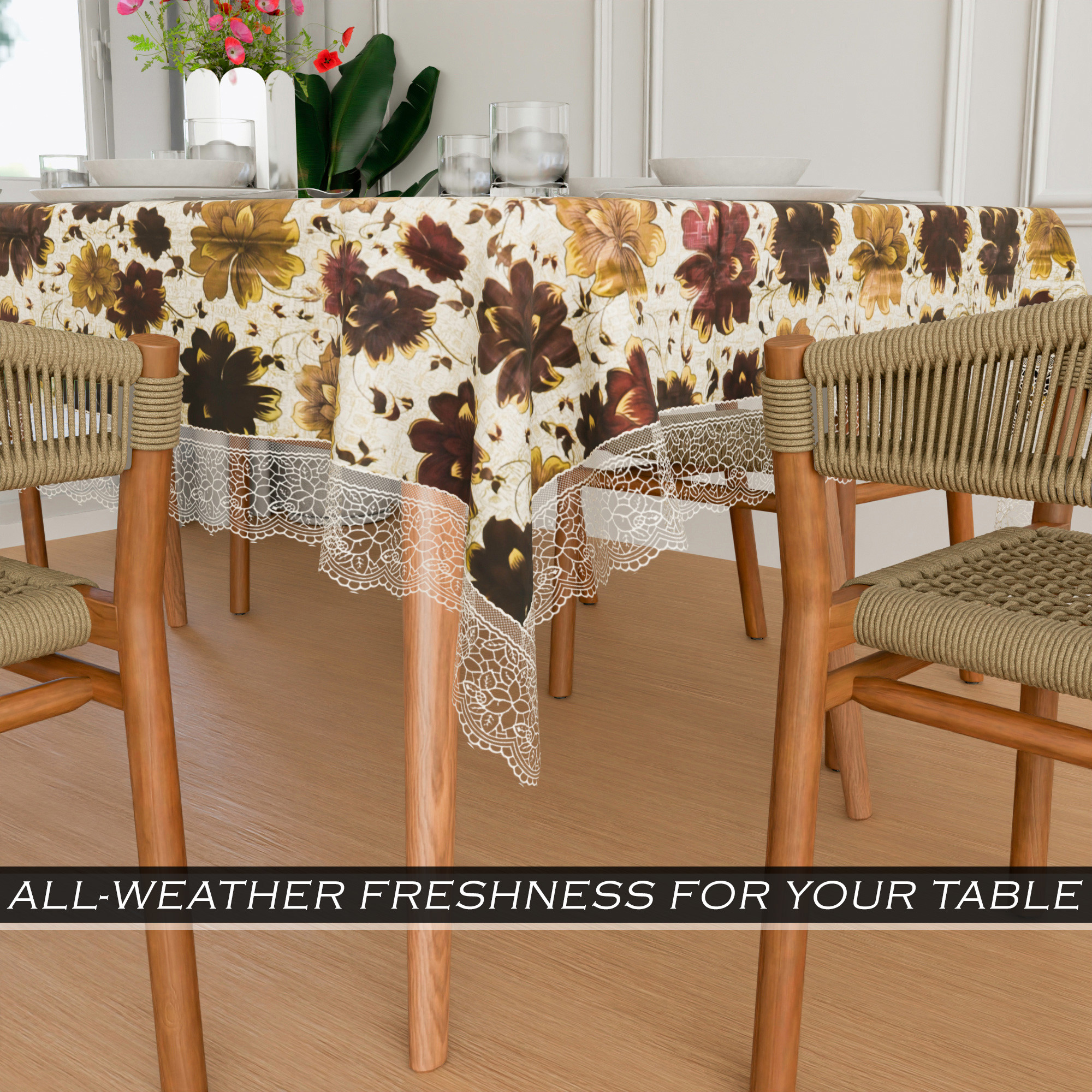 Kuber Industries Dining Table Cover  60x90 Inch  6 Seater Dining Table  PVC Table Cloth  Kitchen Table Cover  Waterproof Table Cover  Table Cloth for Dining Table  New Flower  Brown