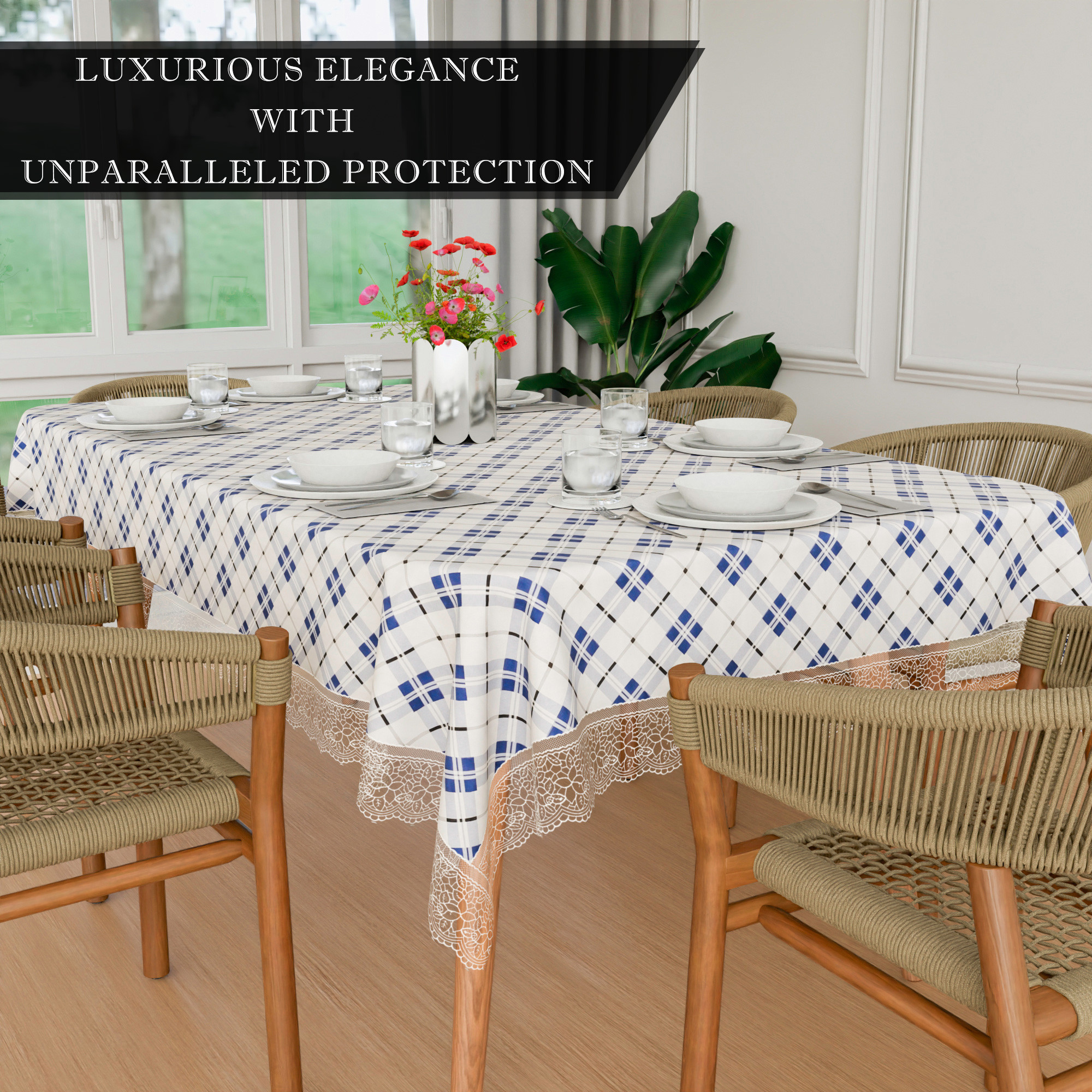 Kuber Industries Dining Table Cover  60x90 Inch  6 Seater Dining Table  PVC Table Cloth  Kitchen Table Cover  Waterproof Table Cover  Table Cloth for Dining Table  Blue Check  White