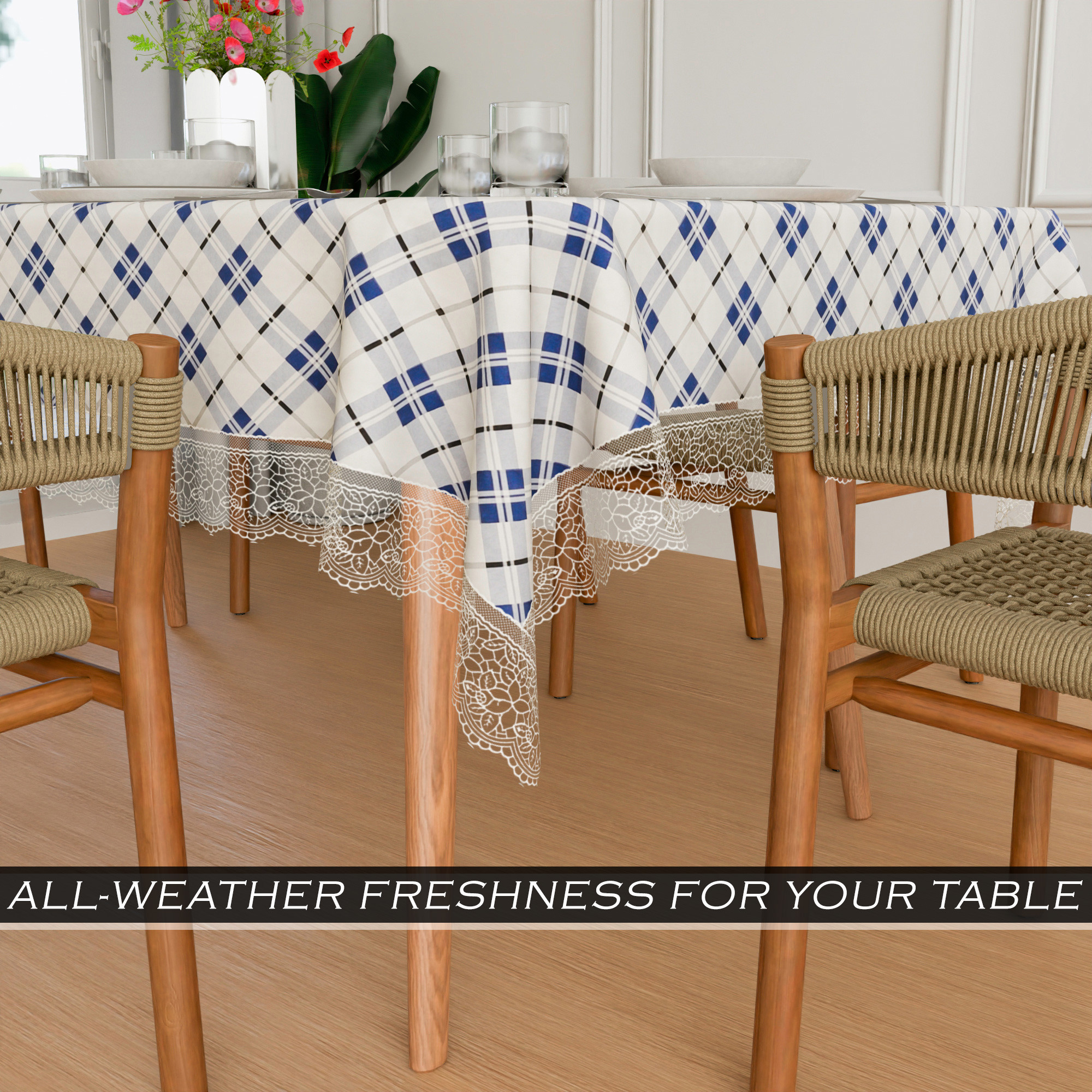 Kuber Industries Dining Table Cover  60x90 Inch  6 Seater Dining Table  PVC Table Cloth  Kitchen Table Cover  Waterproof Table Cover  Table Cloth for Dining Table  Blue Check  White