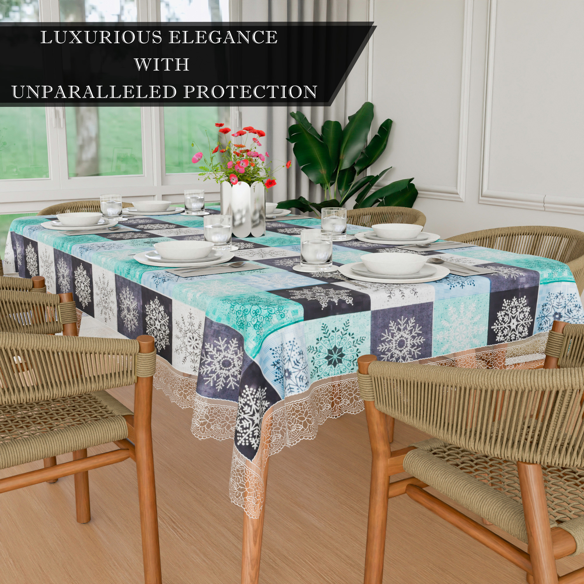 Kuber Industries Dining Table Cover  60x90 Inch  6 Seater Dining Table  PVC Table Cloth  Kitchen Table Cover  Waterproof Table Cover  Table Cloth for Dining Table  Blue Star  Green