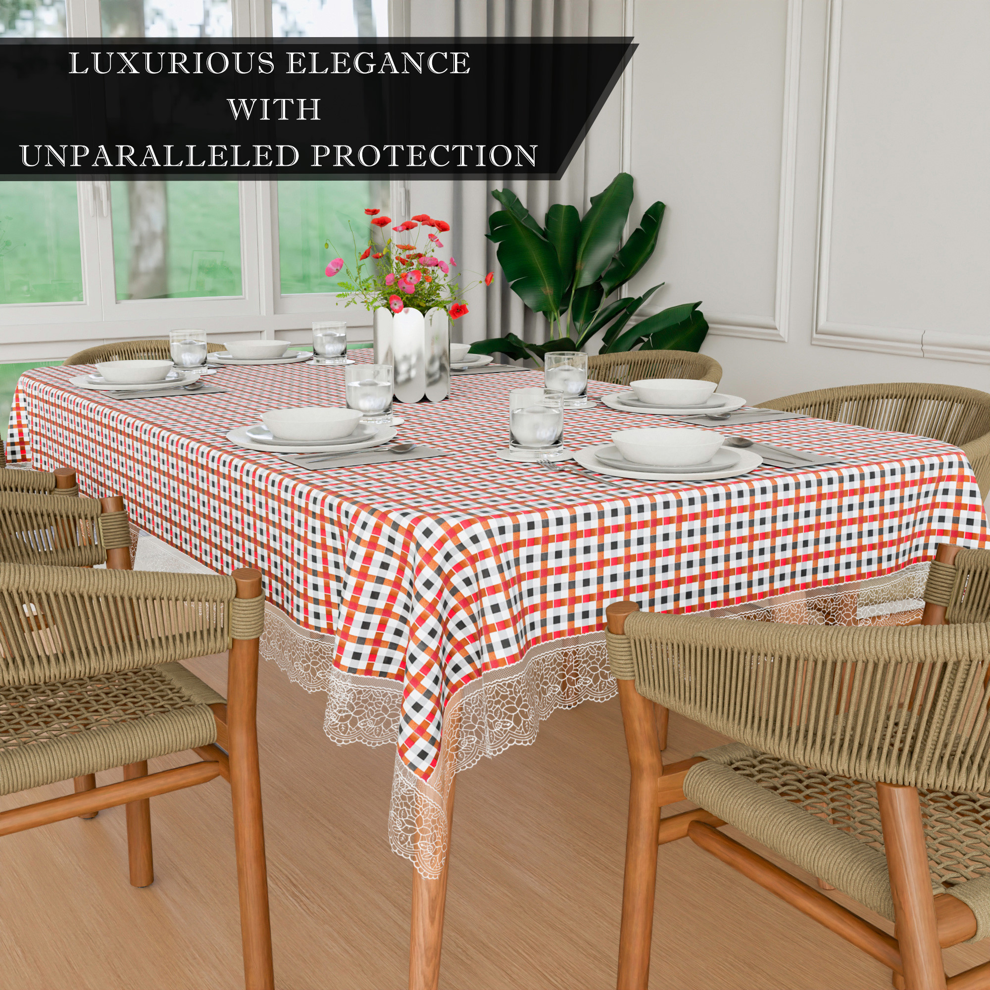 Kuber Industries Dining Table Cover  60x90 Inch  6 Seater Dining Table  Waterproof Table Cover  PVC Table Cloth  Kitchen Table Cover  Table Cloth for Dining Table  New Barik Check  Red