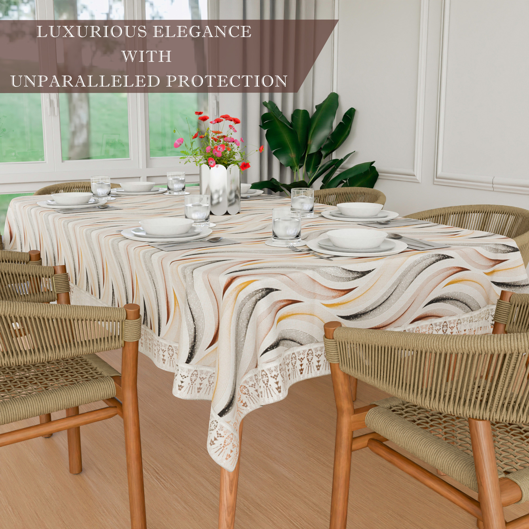 Kuber Industries Dining Table Cover  60x90 Inch  6-Seater Table Cover  Indoor  Outdoor Table Cloth  Hotels-Restaurants Table Cover  Dining Table Cloth  Wave Print  DTC  Cream