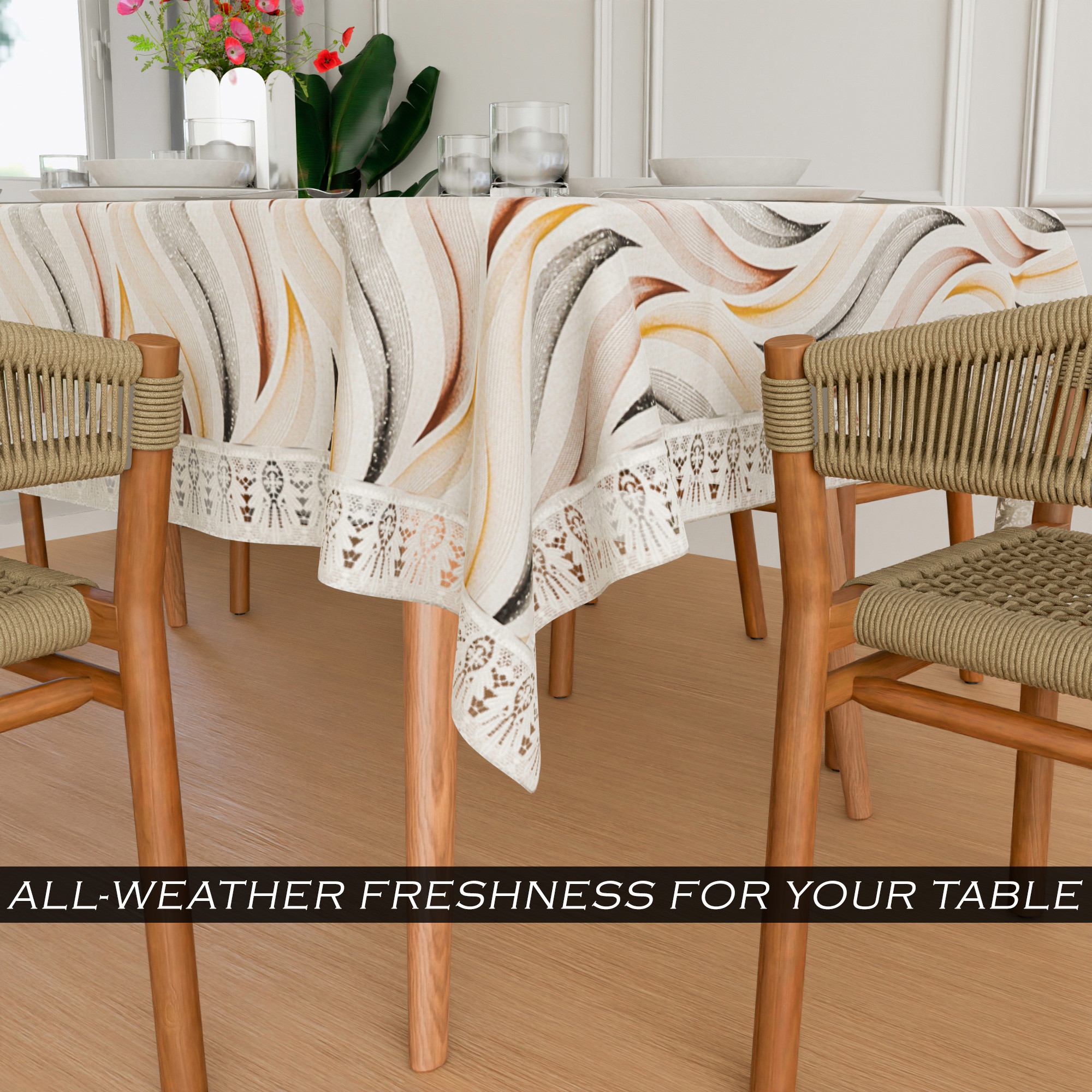 Kuber Industries Dining Table Cover  60x90 Inch  6-Seater Table Cover  Indoor  Outdoor Table Cloth  Hotels-Restaurants Table Cover  Dining Table Cloth  Wave Print  DTC  Cream