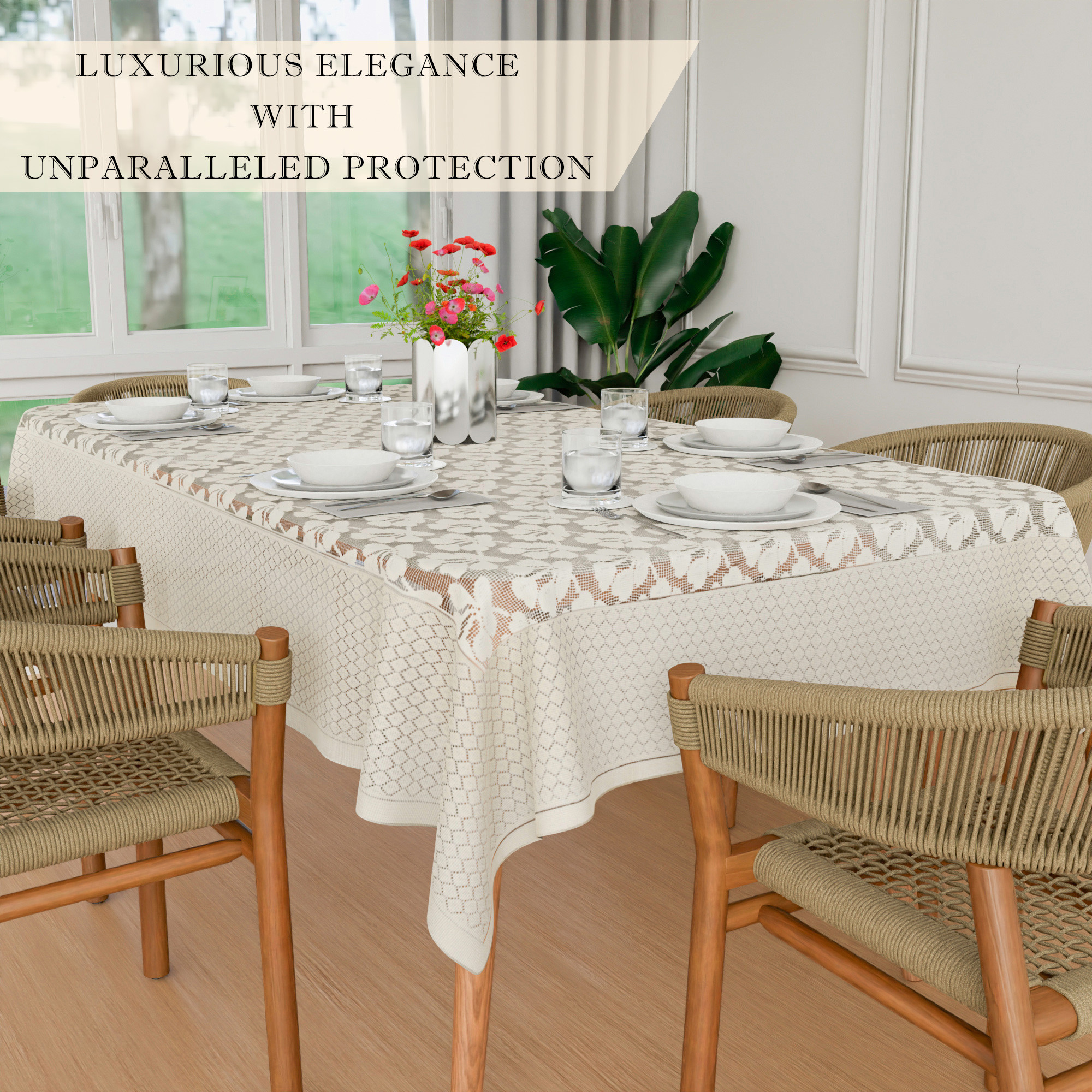 Kuber Industries Dining Table Cover  60x90 Inch  6-Seater Table Cover  Net Tabletop Cover  Hotels-Restaurants Table Cover  Dining Table Cloth  Plain Leonardo Flower Print  DTC  Cream