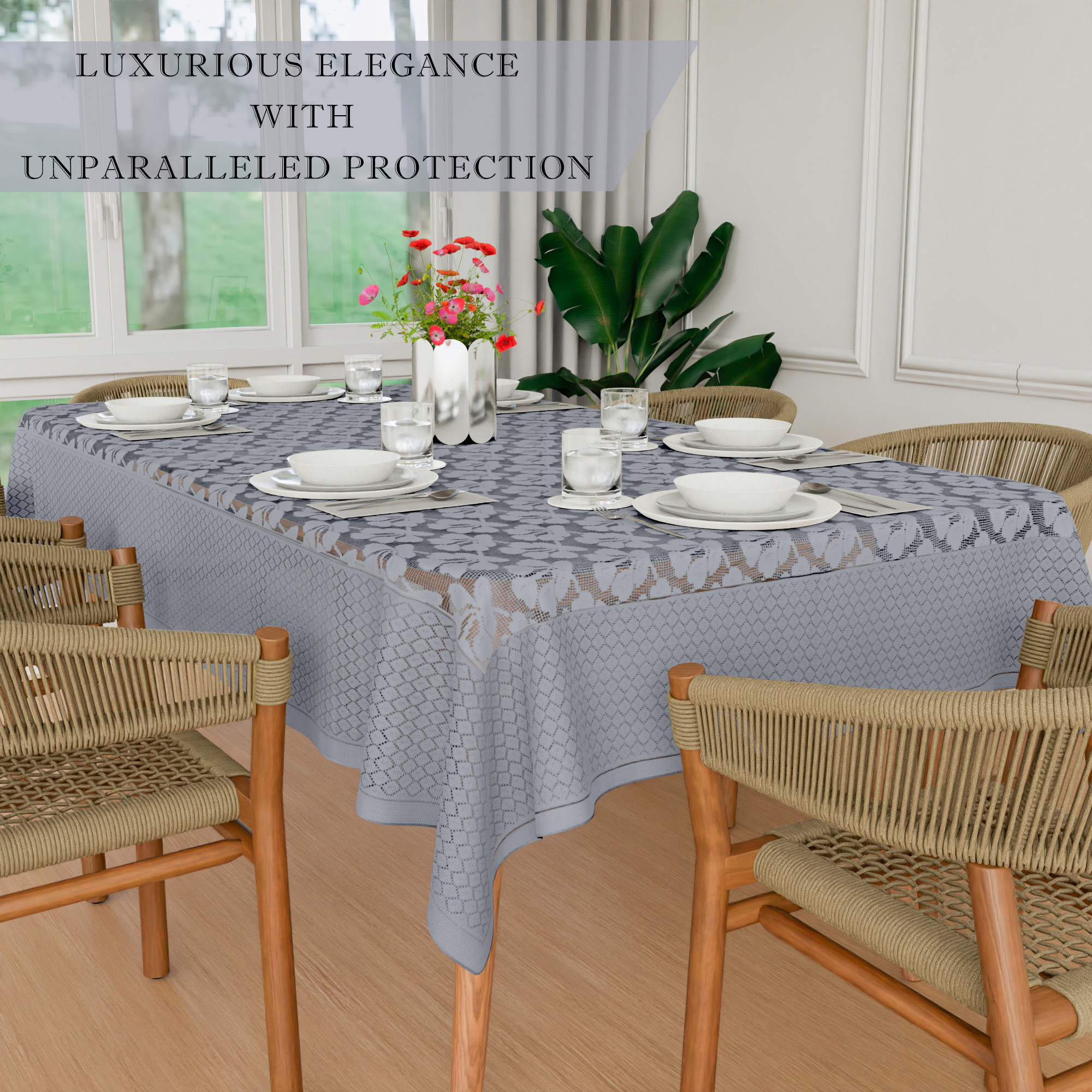 Kuber Industries Dining Table Cover  60x90 Inch  6-Seater Table Cover  Net Tabletop Cover  Hotels-Restaurants Table Cover  Dining Table Cloth  Plain Leonardo Flower Print  DTC  Grey