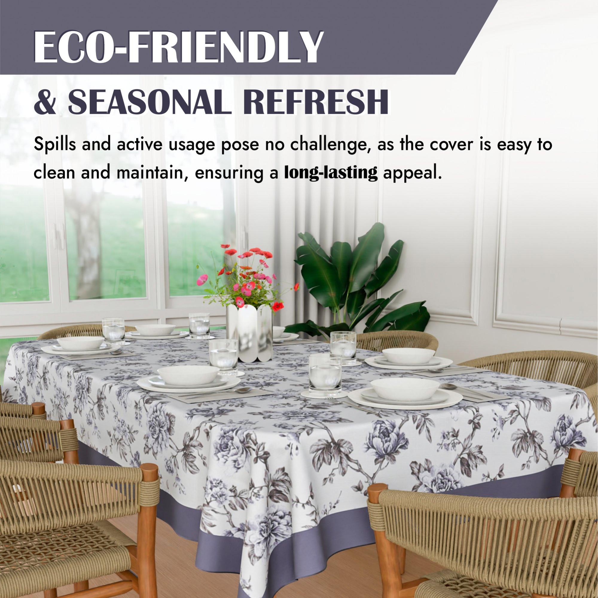 Kuber Industries Dining Table Cover  60x90 Inch  Cotton 6-Seater Table Cover  Kitchen Dining Table Cloths  Hotels-Restaurants Table Cover  Blue Rose American Slub 816  DTC  Cream