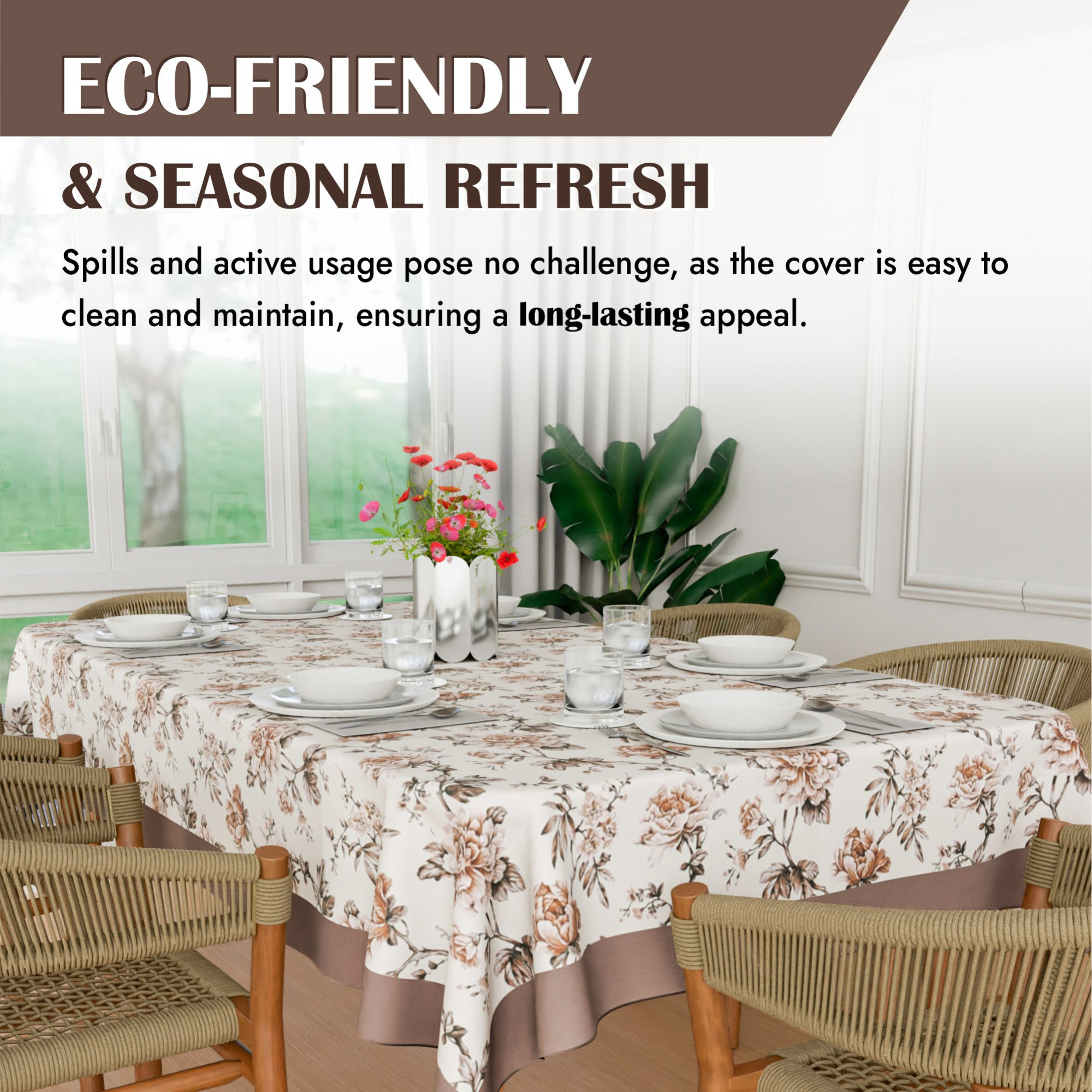 Kuber Industries Dining Table Cover  60x90 Inch  Cotton 6-Seater Table Cover  Kitchen Dining Table Cloths  Hotels-Restaurants Table Cover  Brown Rose American Slub 816  DTC  Cream