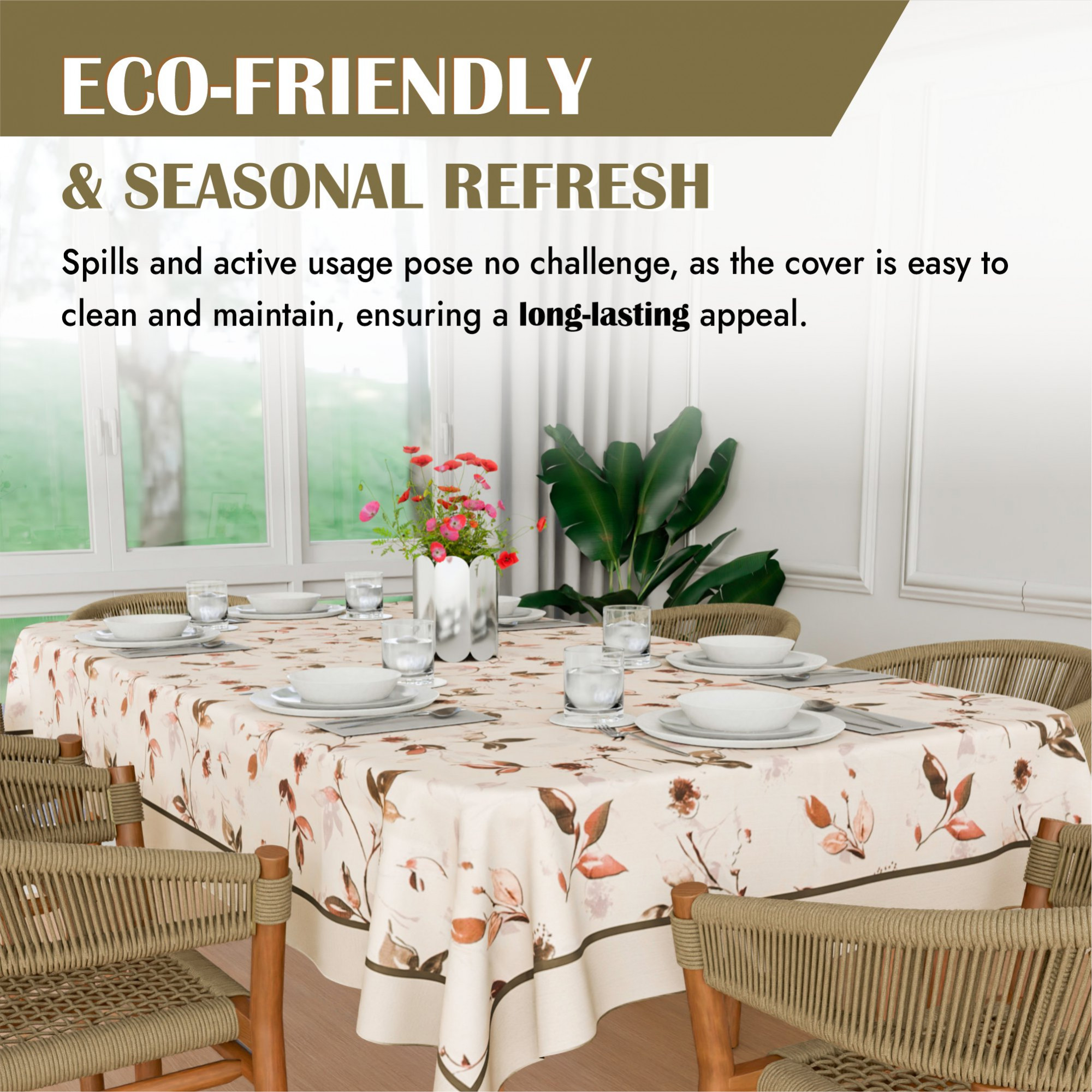 Kuber Industries Dining Table Cover  60x90 Inch  Cotton 6-Seater Table Cover  Kitchen Dining Table Cloths  Hotels-Restaurants Table Cover  Brown Leaf American Slub 0024  DTC  Cream