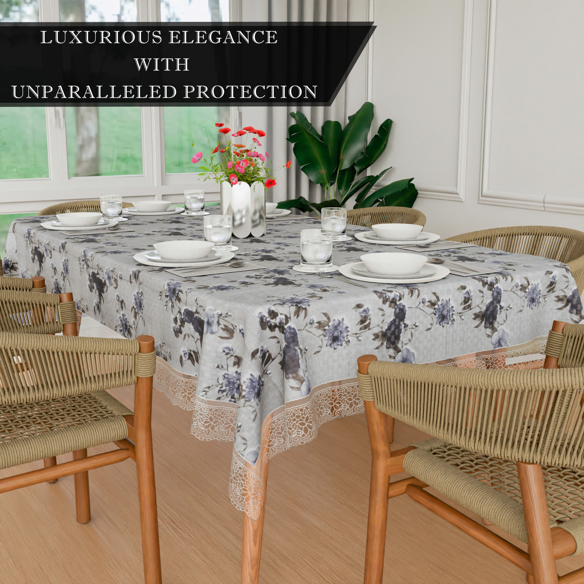 Kuber Industries Dining Table Cover  60x90 Inch  Kitchen Table Cover  6 Seater Dining Table  PVC Table Cloth  Waterproof Table Cover  Table Cloth for Dining Table  New Flower  Grey