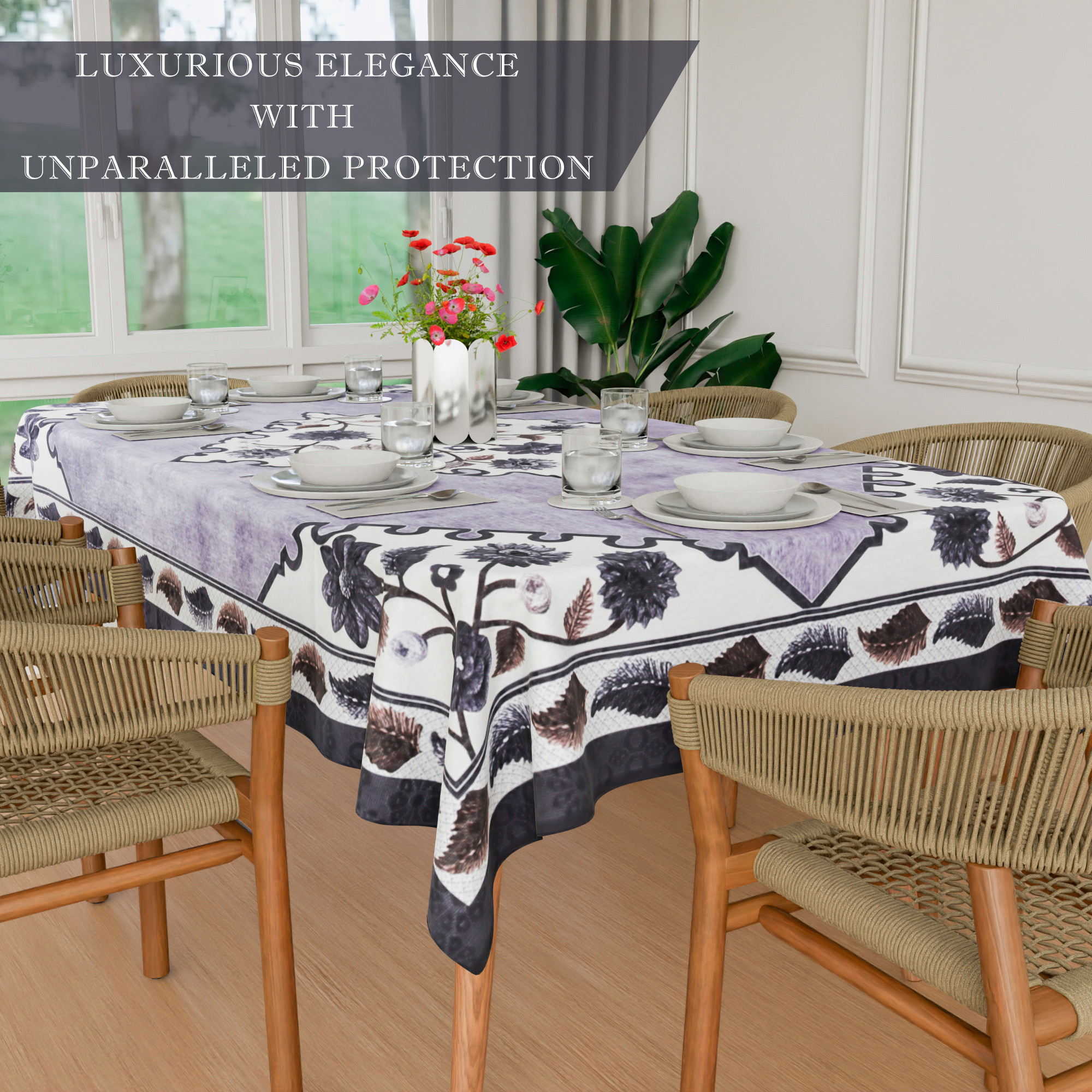 Kuber Industries Dining Table Cover  60x90 Inch  Net 6-Seater Table Cover  Indoor  Outdoor Table Cloth  Hotels-Restaurants Table Cover  Flower Digital Triangle Border Print-753  DTC  Grey