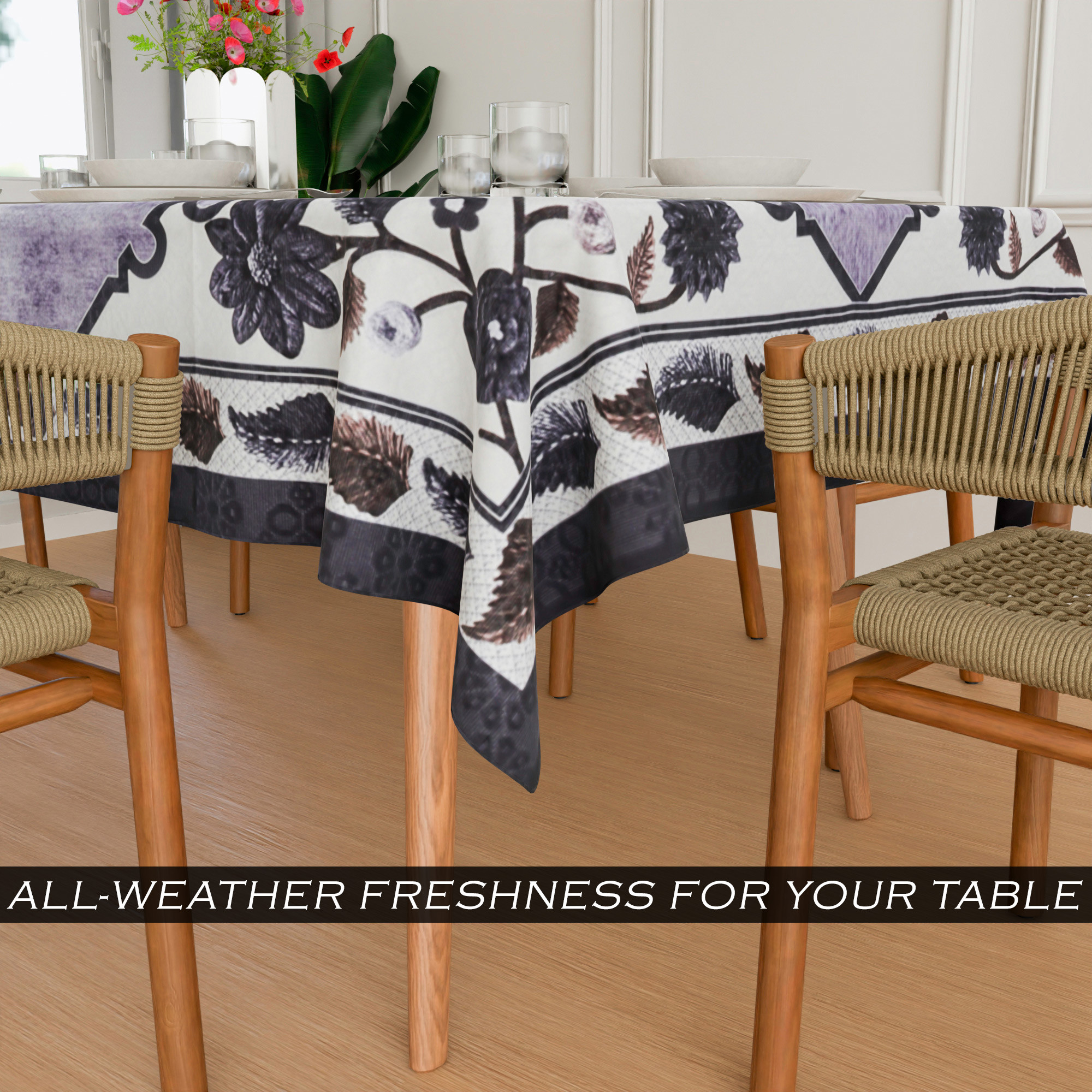 Kuber Industries Dining Table Cover  60x90 Inch  Net 6-Seater Table Cover  Indoor  Outdoor Table Cloth  Hotels-Restaurants Table Cover  Flower Digital Triangle Border Print-753  DTC  Grey