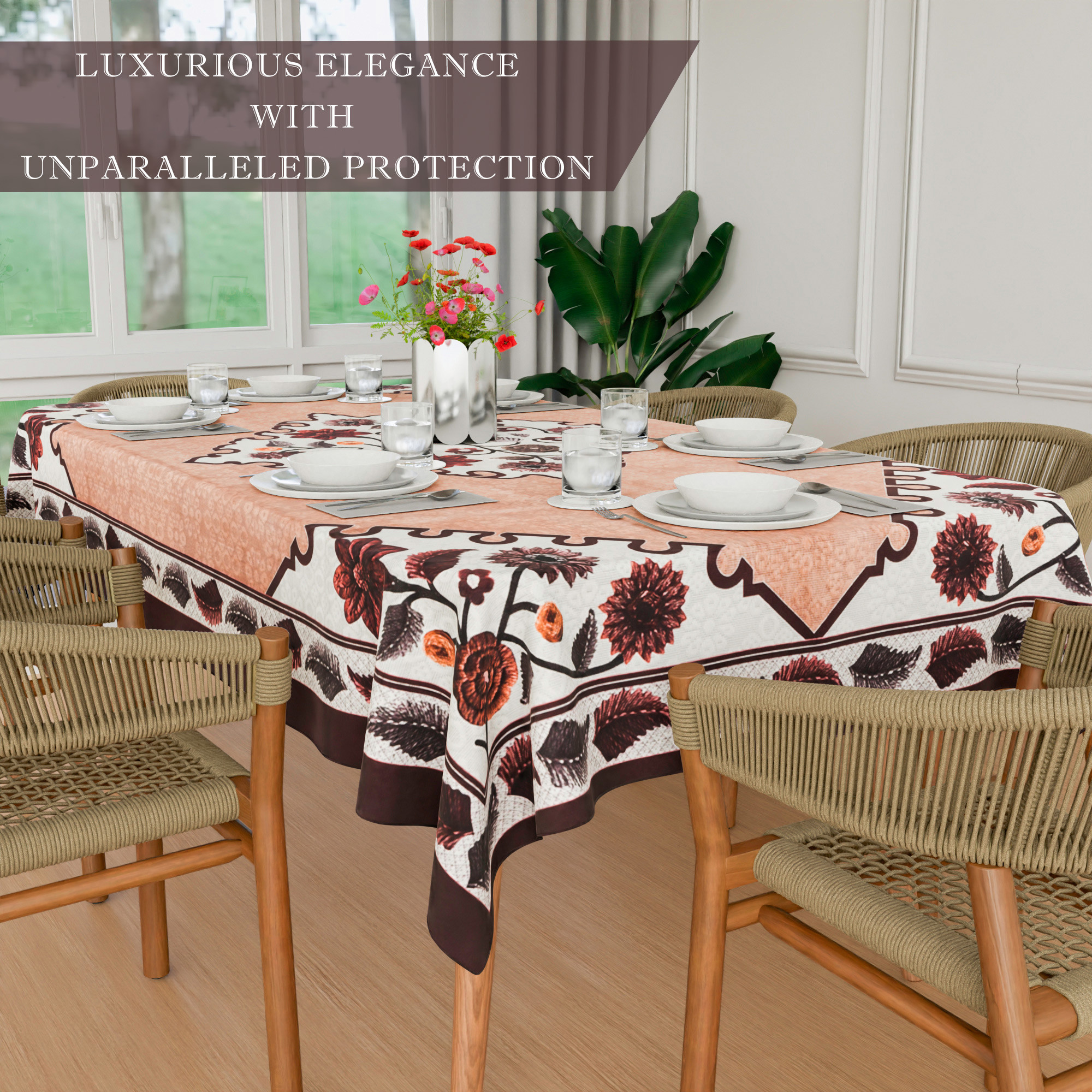 Kuber Industries Dining Table Cover  60x90 Inch  Net 6-Seater Table Cover  Indoor  Outdoor Table Cloth  Hotels-Restaurants Table Cover  Flower Digital Triangle Border Print-753  DTC  Brown