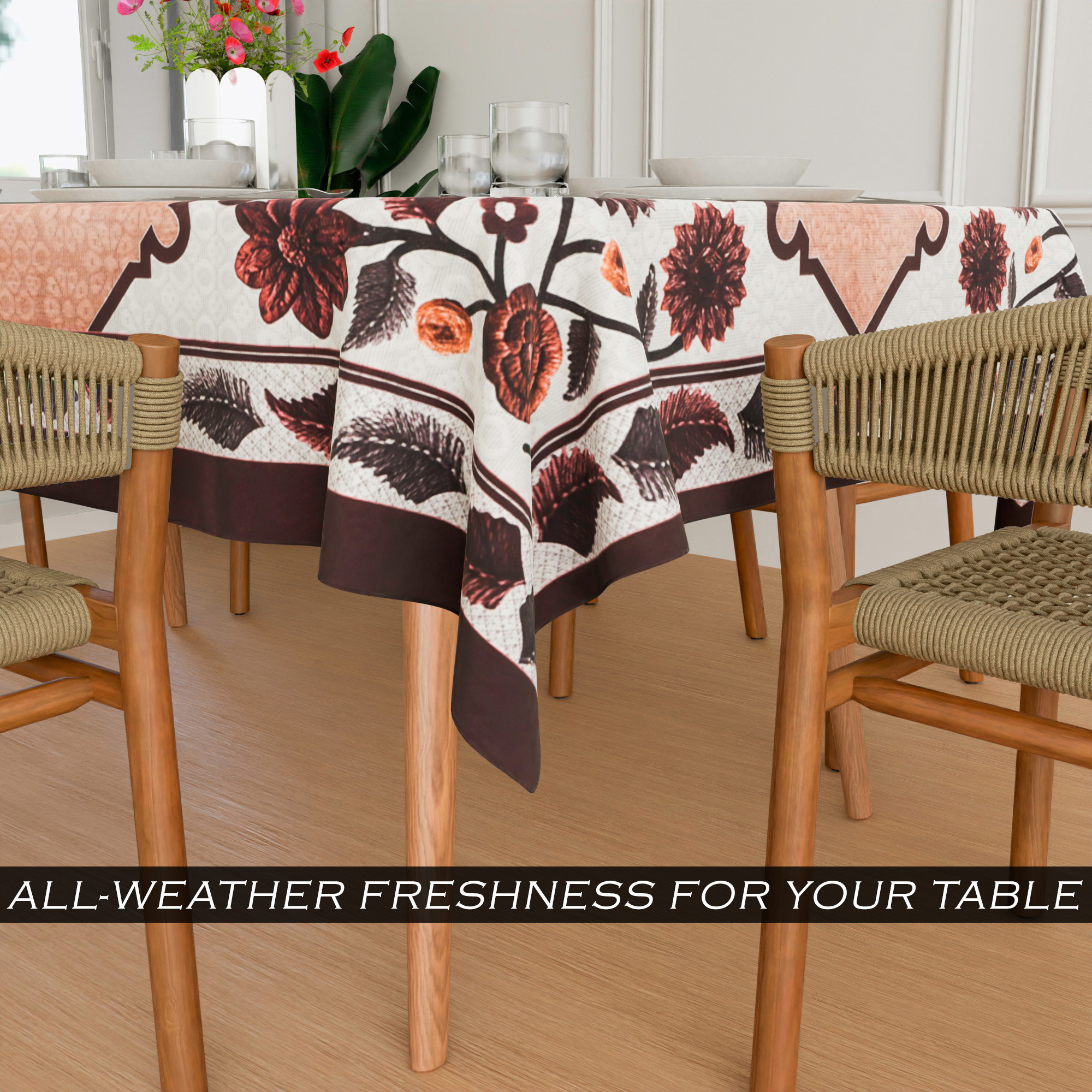 Kuber Industries Dining Table Cover  60x90 Inch  Net 6-Seater Table Cover  Indoor  Outdoor Table Cloth  Hotels-Restaurants Table Cover  Flower Digital Triangle Border Print-753  DTC  Brown