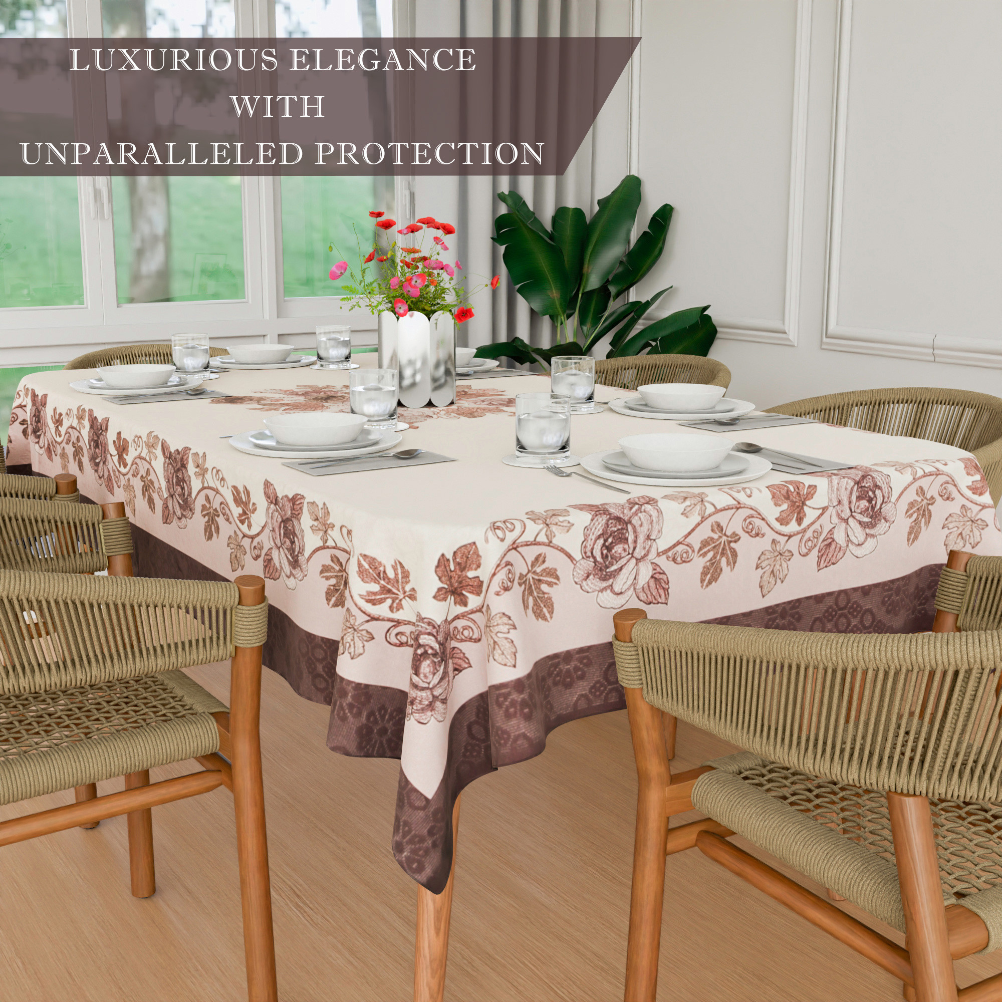 Kuber Industries Dining Table Cover  60x90 Inch  Net 6-Seater Table Cover  Indoor  Outdoor Table Cloth  Hotels-Restaurants Table Cover  Rose Digital Embroidery Print-640  DTC  Brown