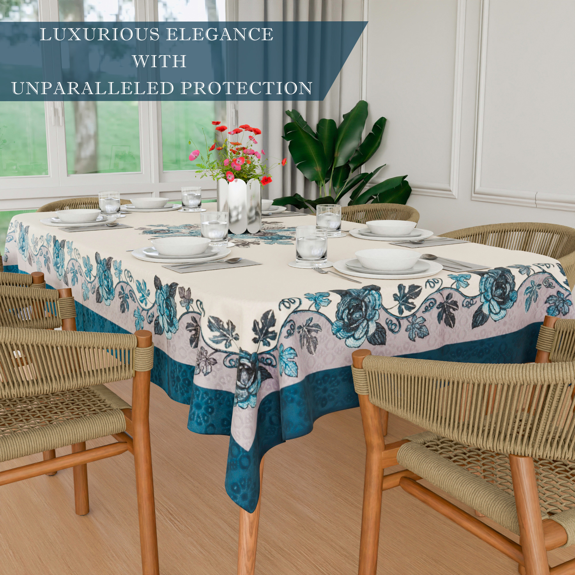 Kuber Industries Dining Table Cover  60x90 Inch  Net 6-Seater Table Cover  Indoor  Outdoor Table Cloth  Hotels-Restaurants Table Cover  Rose Digital Embroidery Print-640  DTC  Blue