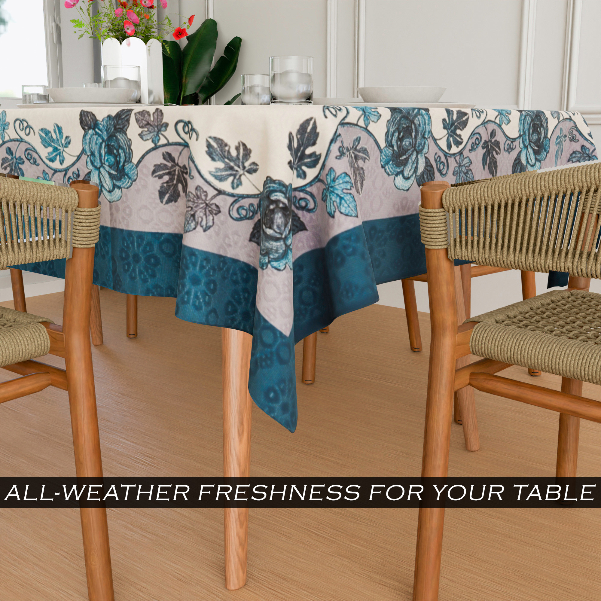 Kuber Industries Dining Table Cover  60x90 Inch  Net 6-Seater Table Cover  Indoor  Outdoor Table Cloth  Hotels-Restaurants Table Cover  Rose Digital Embroidery Print-640  DTC  Blue