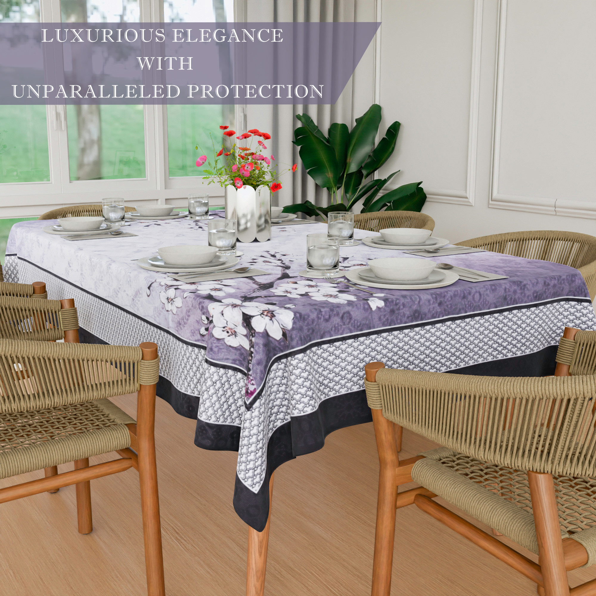 Kuber Industries Dining Table Cover  60x90 Inch  Net 6-Seater Table Cover  Indoor  Outdoor Table Cloth  Hotels-Restaurants Table Cover  Flower Digital Print-637  DTC  Grey  White