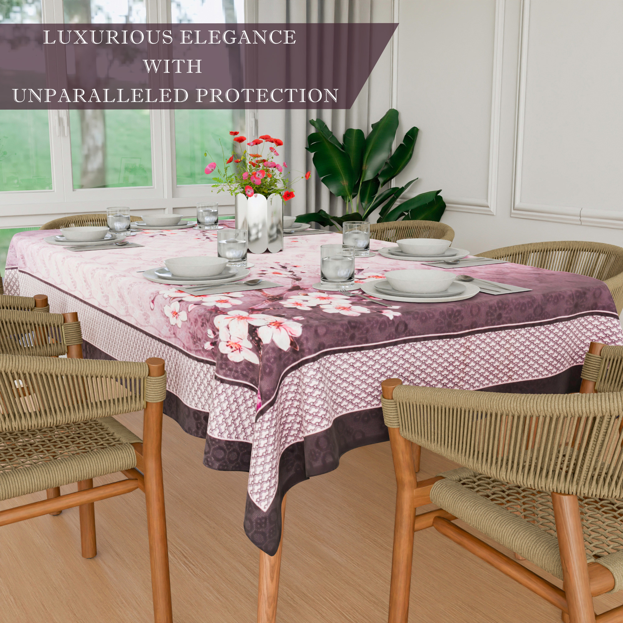 Kuber Industries Dining Table Cover  60x90 Inch  Net 6-Seater Table Cover  Indoor  Outdoor Table Cloth  Hotels-Restaurants Table Cover  Flower Digital Print-637  DTC  Pink  Purple