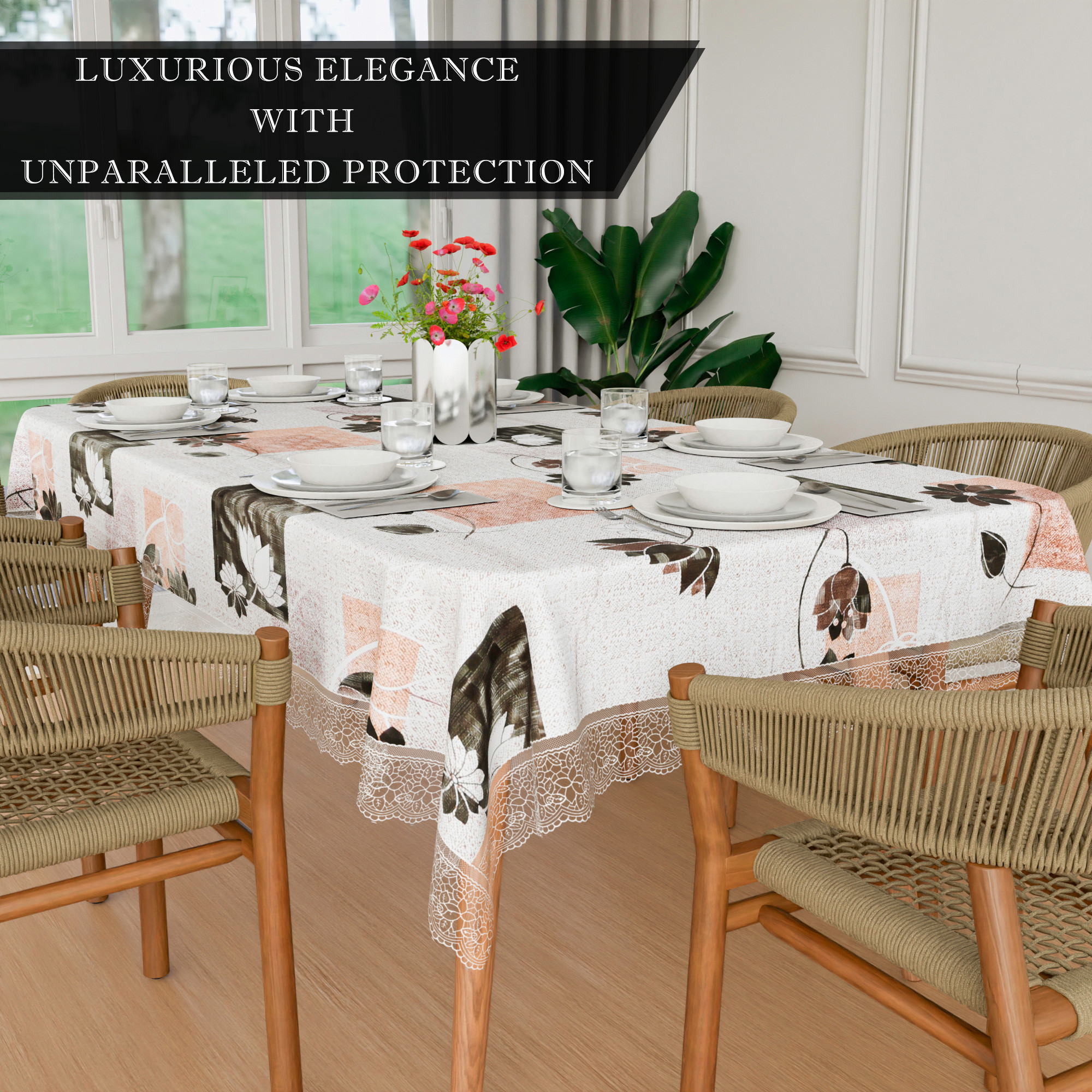 Kuber Industries Dining Table Cover  60x90 Inch  PVC Table Cloth  6 Seater Dining Table  Kitchen Table Cover  Waterproof Table Cover  Table Cloth for Dining Table  Brown Gulab  Cream