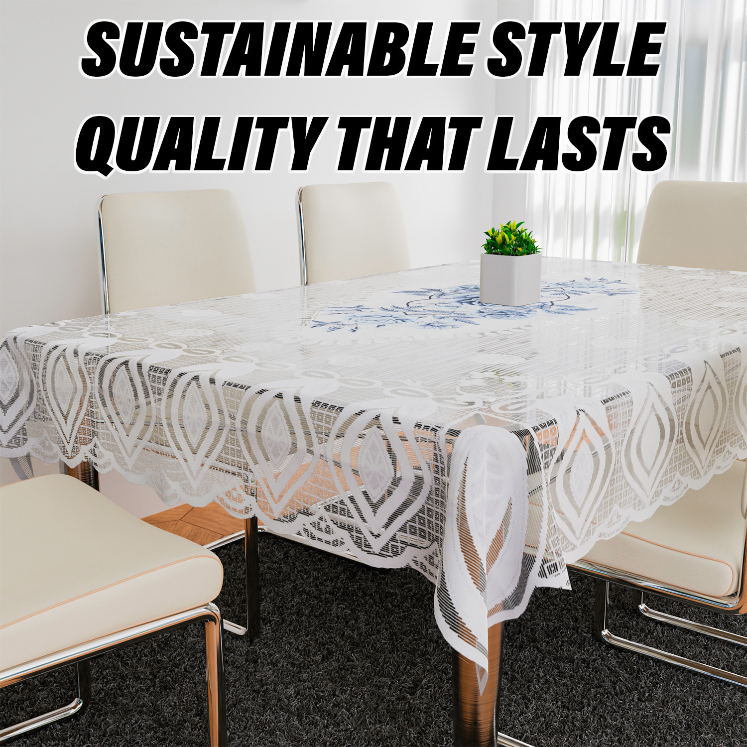 Kuber Industries Dining Table Cover  Cotton Table Cloth Cover  6-Seater Table Cloth  Glory Table Cover  Table Protector  Table Cover for Dining Table  60x90 Inch  DTC  White  Blue