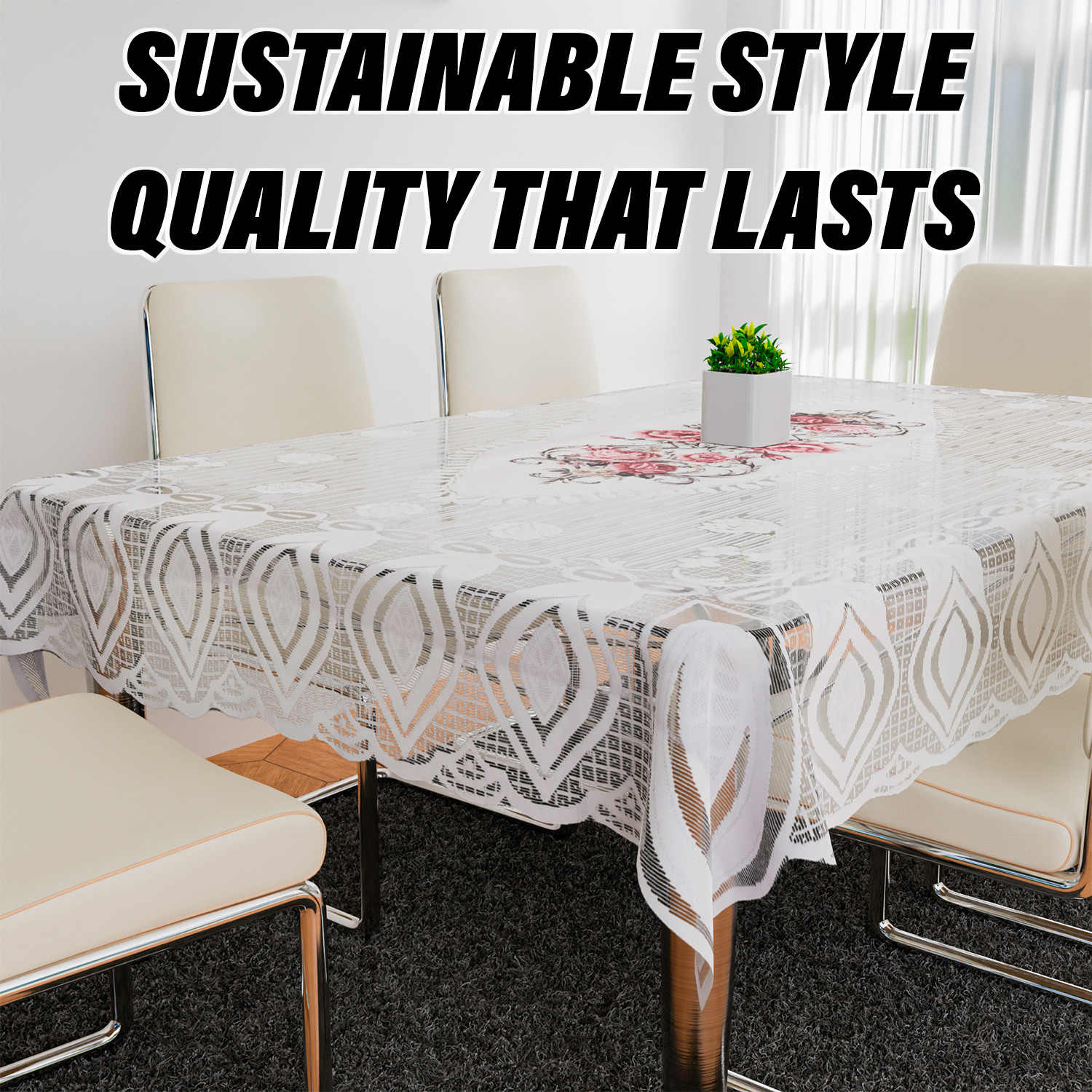 Kuber Industries Dining Table Cover | Cotton Table Cloth Cover | 6-Seater Table Cloth | Glory Table Cover | Table Protector | Table Cover for Dining Table | 60x90 Inch | DTC | White & Pink