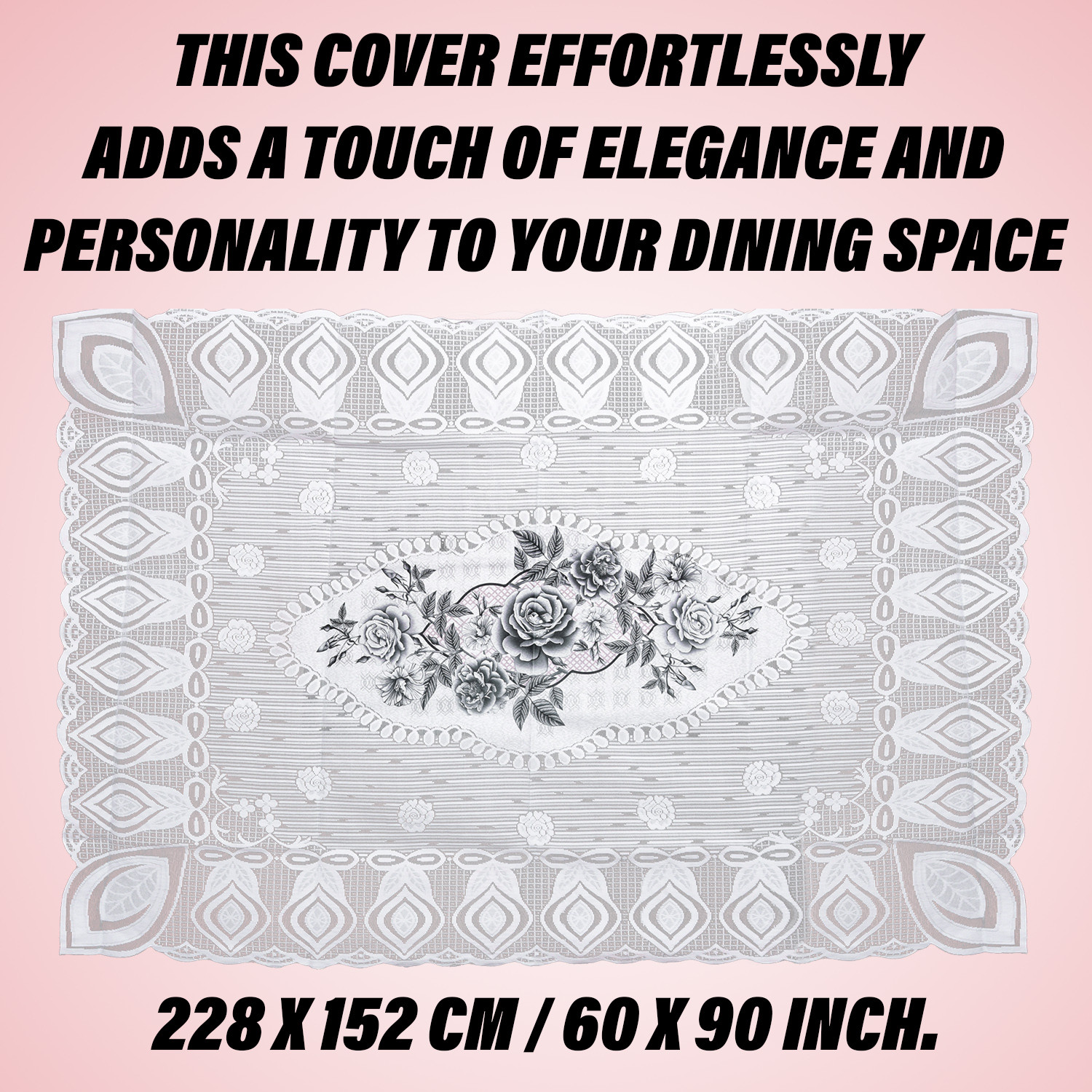 Kuber Industries Dining Table Cover | Cotton Table Cloth Cover | 6-Seater Table Cloth | Glory Table Cover | Table Protector | Table Cover for Dining Table | 60x90 Inch | DTC | White & Gray