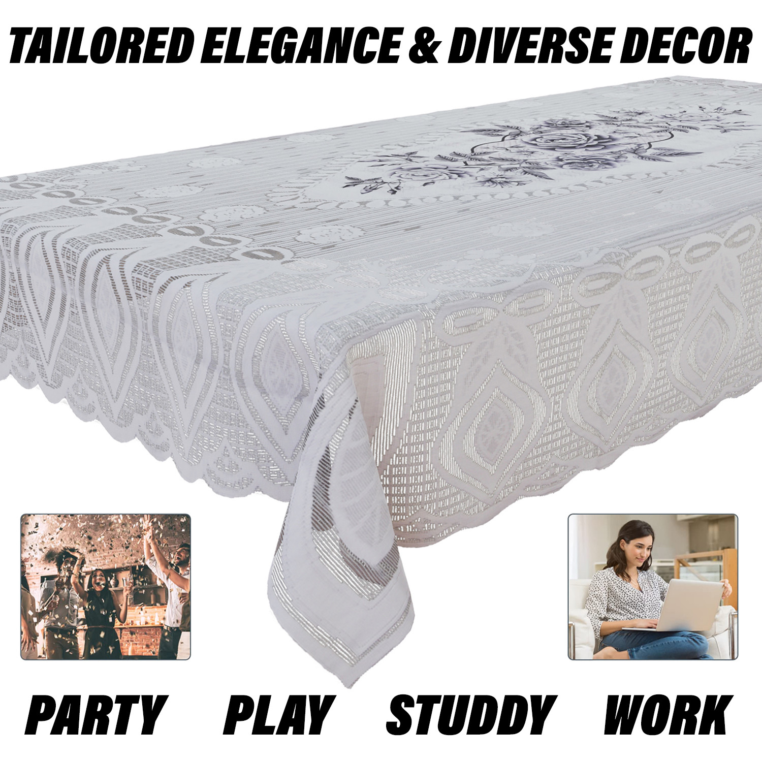 Kuber Industries Dining Table Cover | Cotton Table Cloth Cover | 6-Seater Table Cloth | Glory Table Cover | Table Protector | Table Cover for Dining Table | 60x90 Inch | DTC | White & Gray
