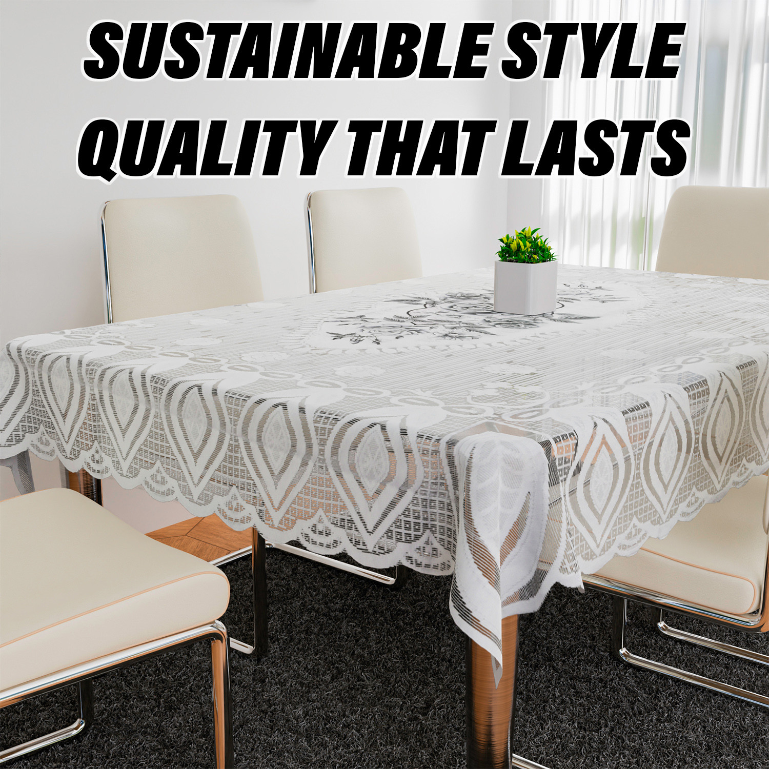 Kuber Industries Dining Table Cover | Cotton Table Cloth Cover | 6-Seater Table Cloth | Glory Table Cover | Table Protector | Table Cover for Dining Table | 60x90 Inch | DTC | White & Gray