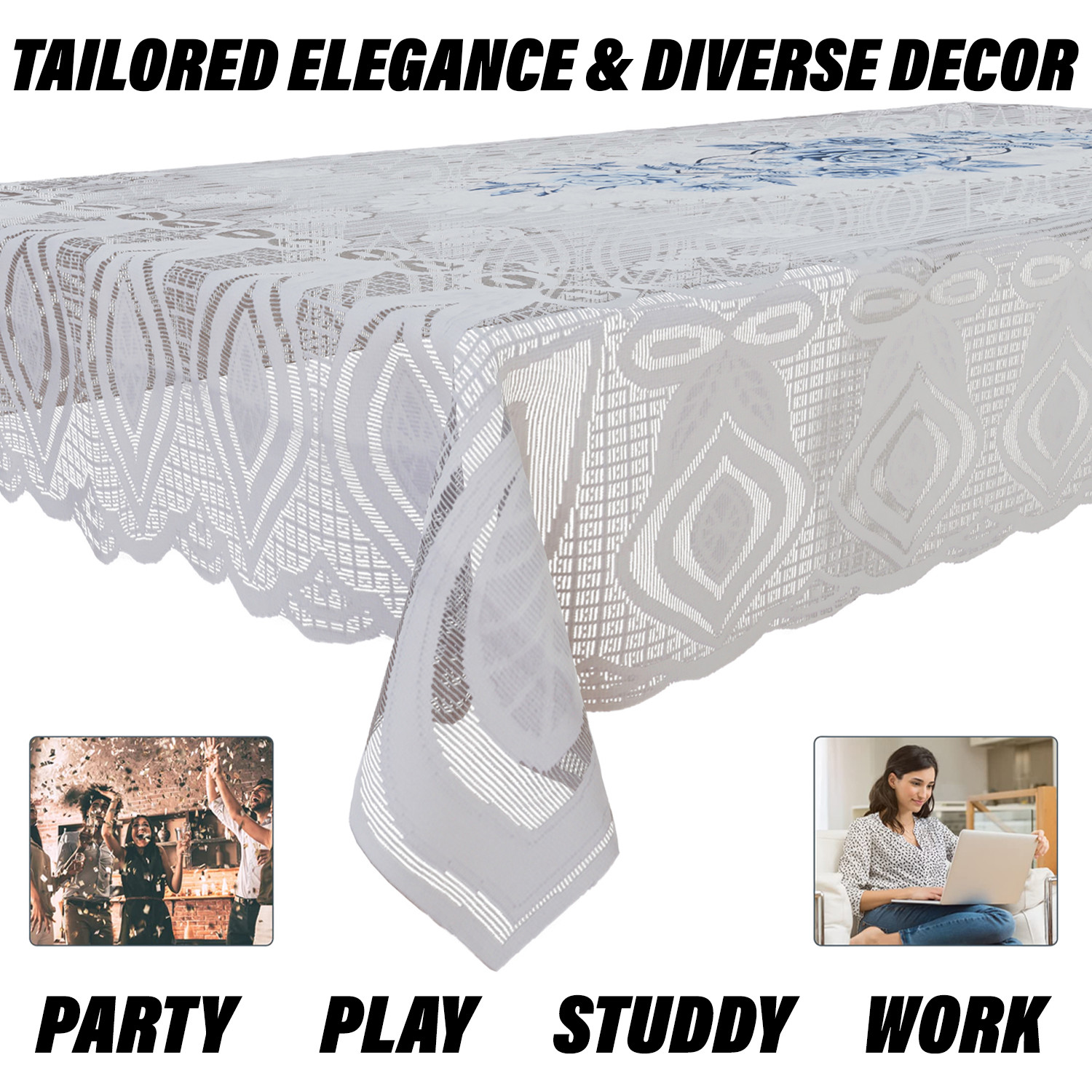 Kuber Industries Dining Table Cover | Cotton Table Cloth Cover | 6-Seater Table Cloth | Glory Table Cover | Table Protector | Table Cover for Dining Table | 60x90 Inch | DTC | White & Blue