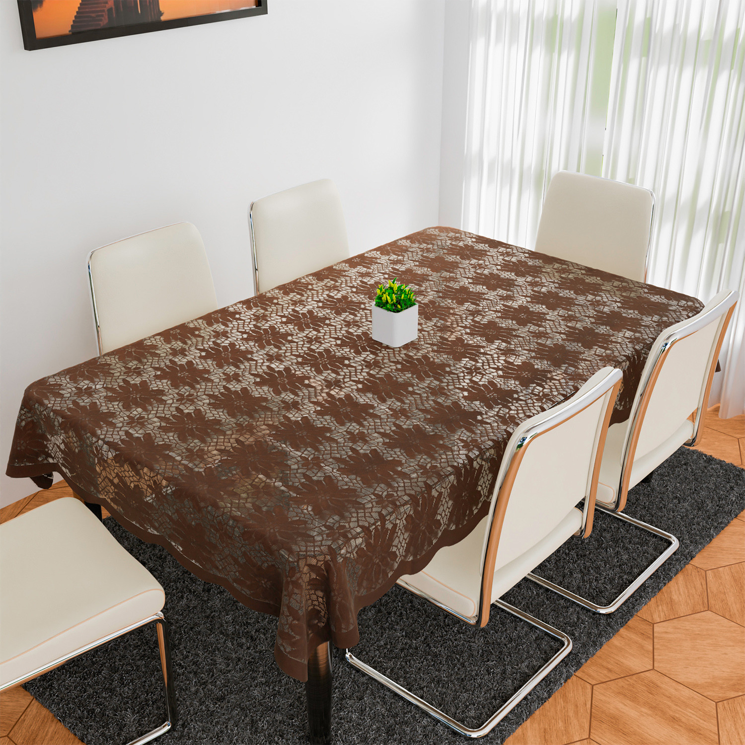 Kuber Industries Dining Table Cover | Cotton Table Cloth Cover | 6-Seater Table Cloth | Table Cover for Dining Table | Plain Jasmin Flower Table Cover | 60x90 Inch | DTC | Brown