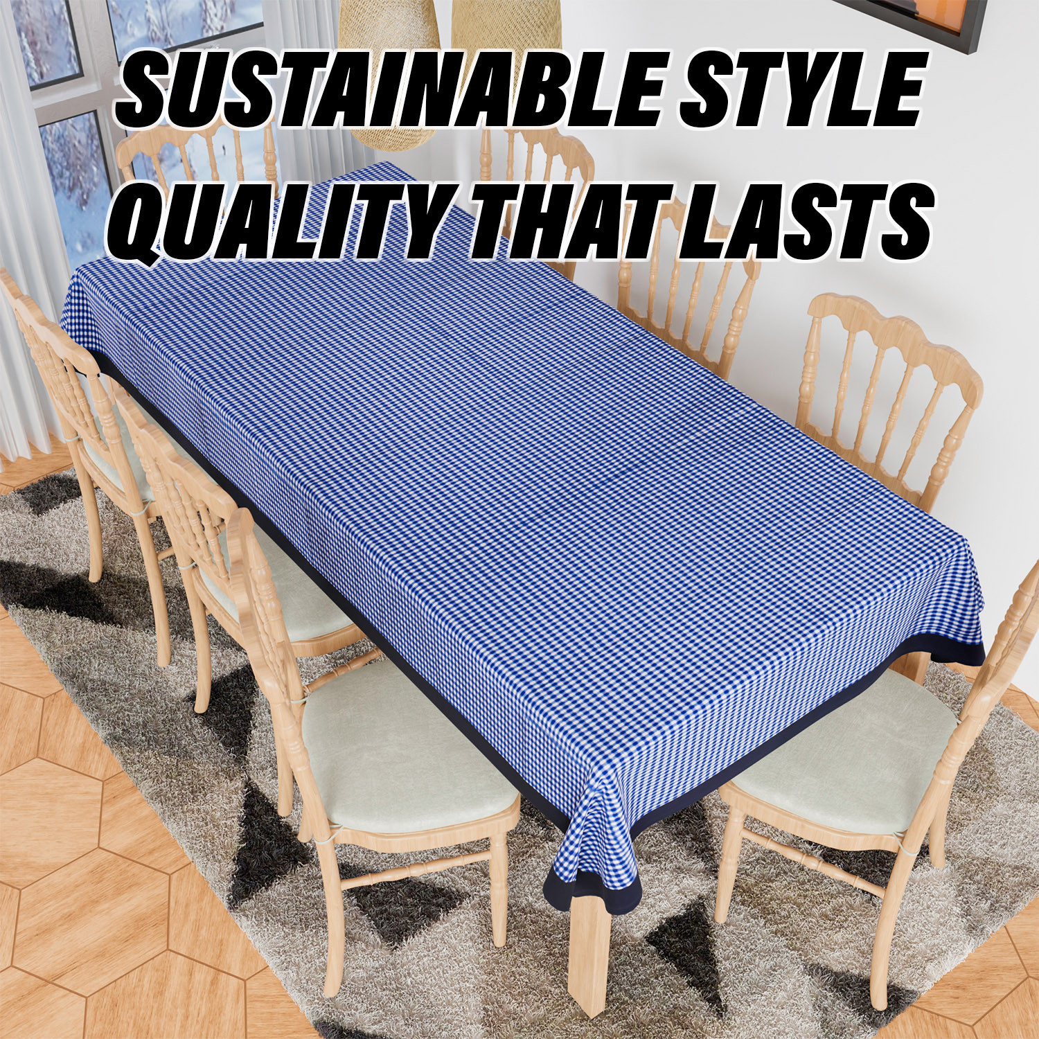 Kuber Industries Dining Table Cover  Cotton Table Cloth Cover  8 Seater Table Cloth  Barik Check Table Cover  Table Protector  Table Cover for Dining Table  60x108 Inch  DTC  Blue