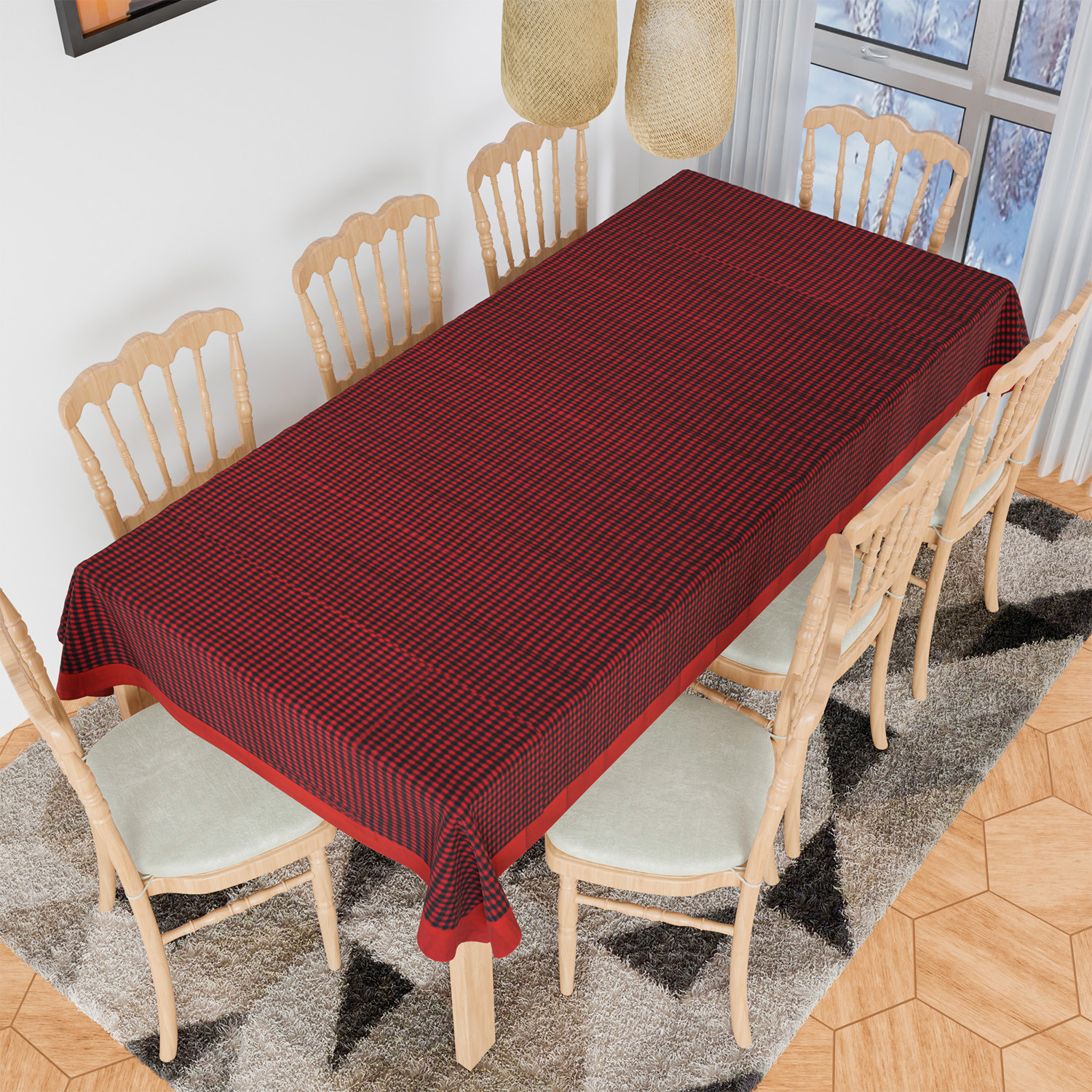 Kuber Industries Dining Table Cover | Cotton Table Cloth Cover | 8 Seater Table Cloth | Barik Check Table Cover | Table Protector | Table Cover for Dining Table | 60x108 Inch | DTC | Maroon