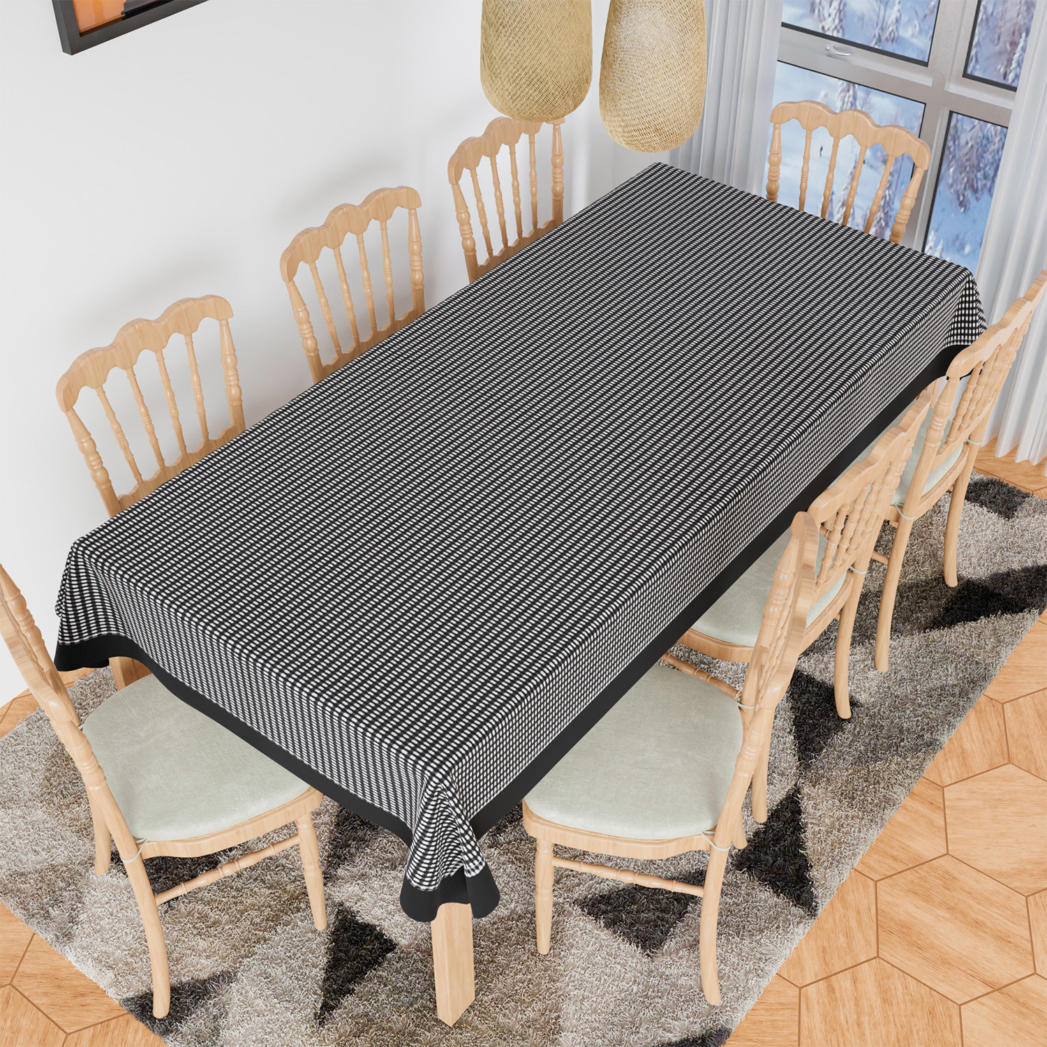 Kuber Industries Dining Table Cover | Cotton Table Cloth Cover | 8 Seater Table Cloth | Barik Check Table Cover | Table Protector | Table Cover for Dining Table | 60x108 Inch | DTC | Black