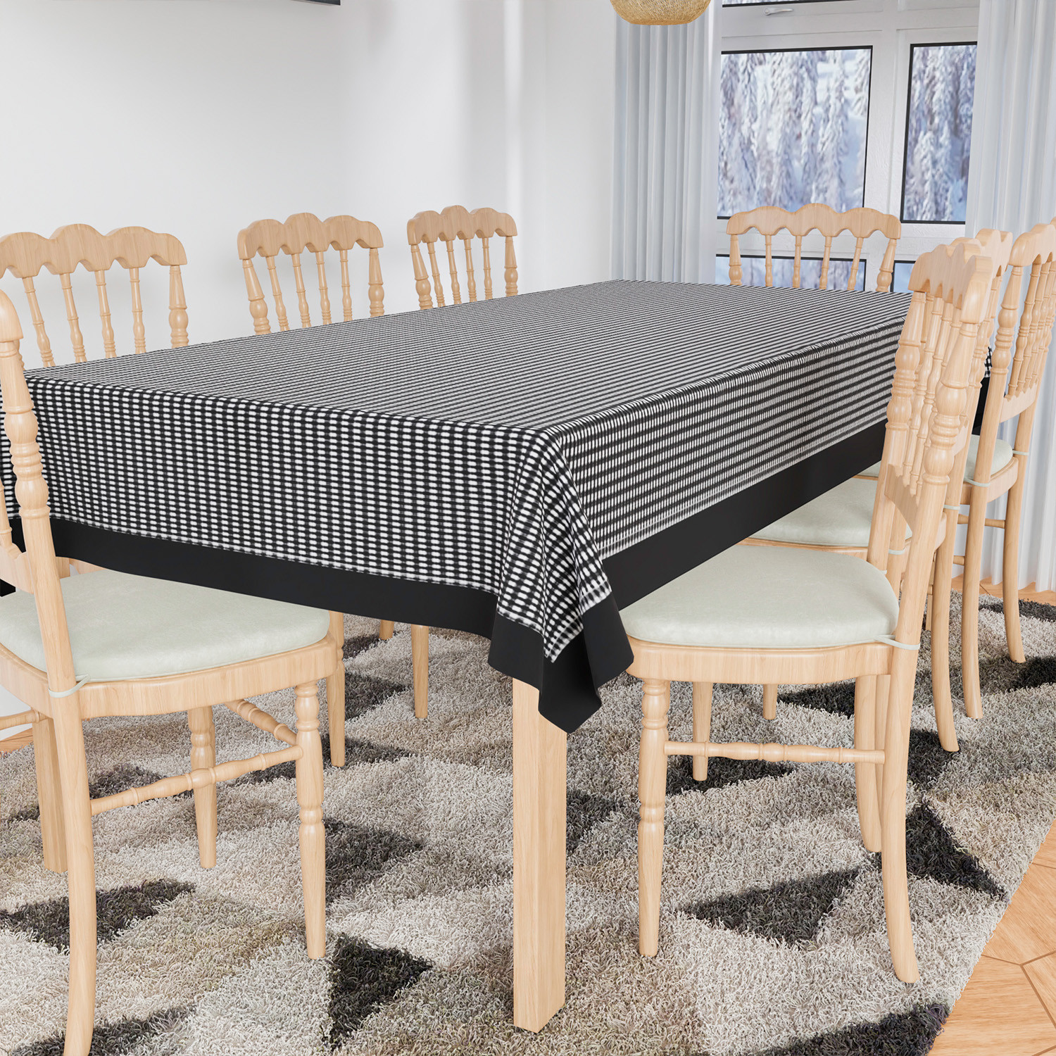 Kuber Industries Dining Table Cover | Cotton Table Cloth Cover | 8 Seater Table Cloth | Barik Check Table Cover | Table Protector | Table Cover for Dining Table | 60x108 Inch | DTC | Black