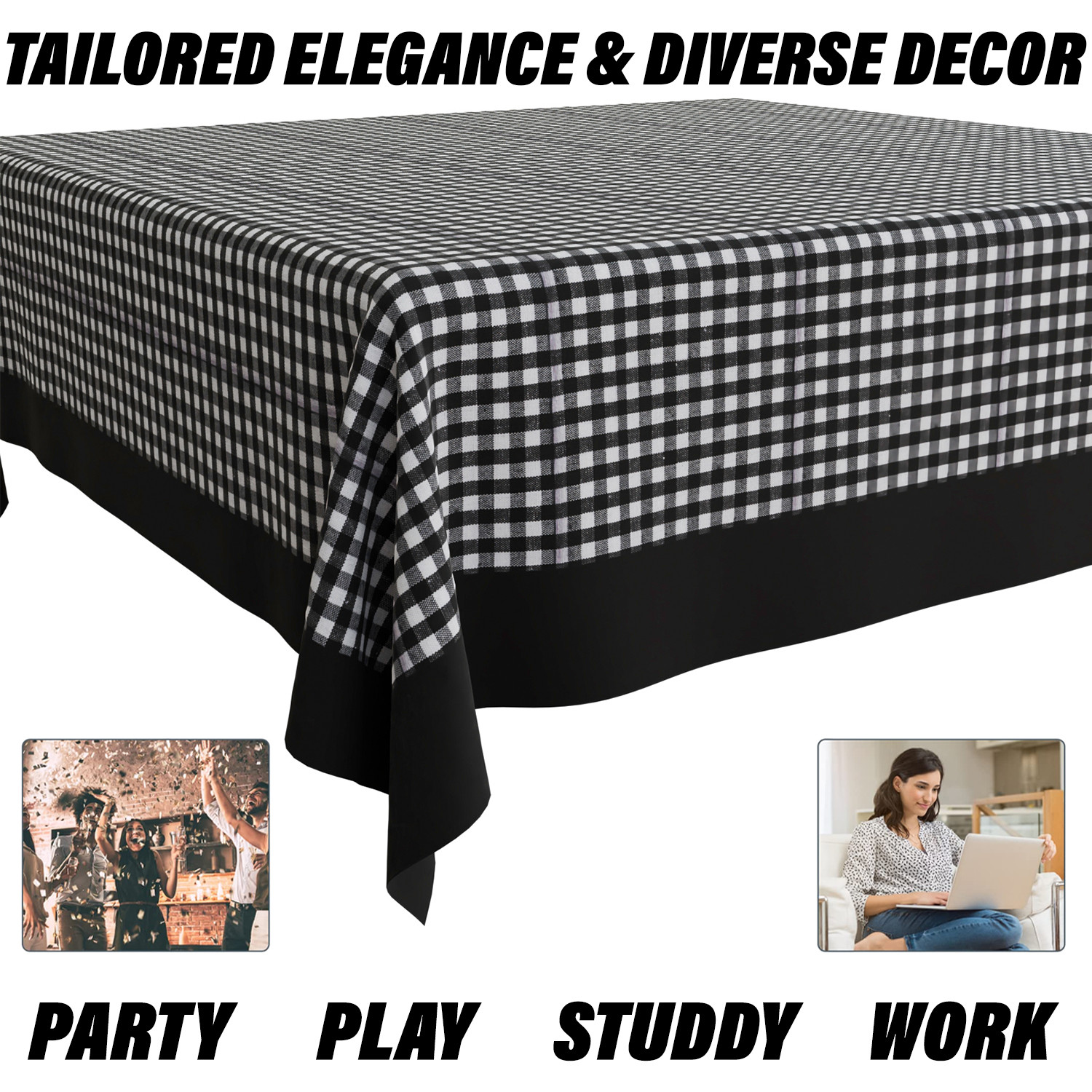 Kuber Industries Dining Table Cover | Cotton Table Cloth Cover | 8 Seater Table Cloth | Barik Check Table Cover | Table Protector | Table Cover for Dining Table | 60x108 Inch | DTC | Black