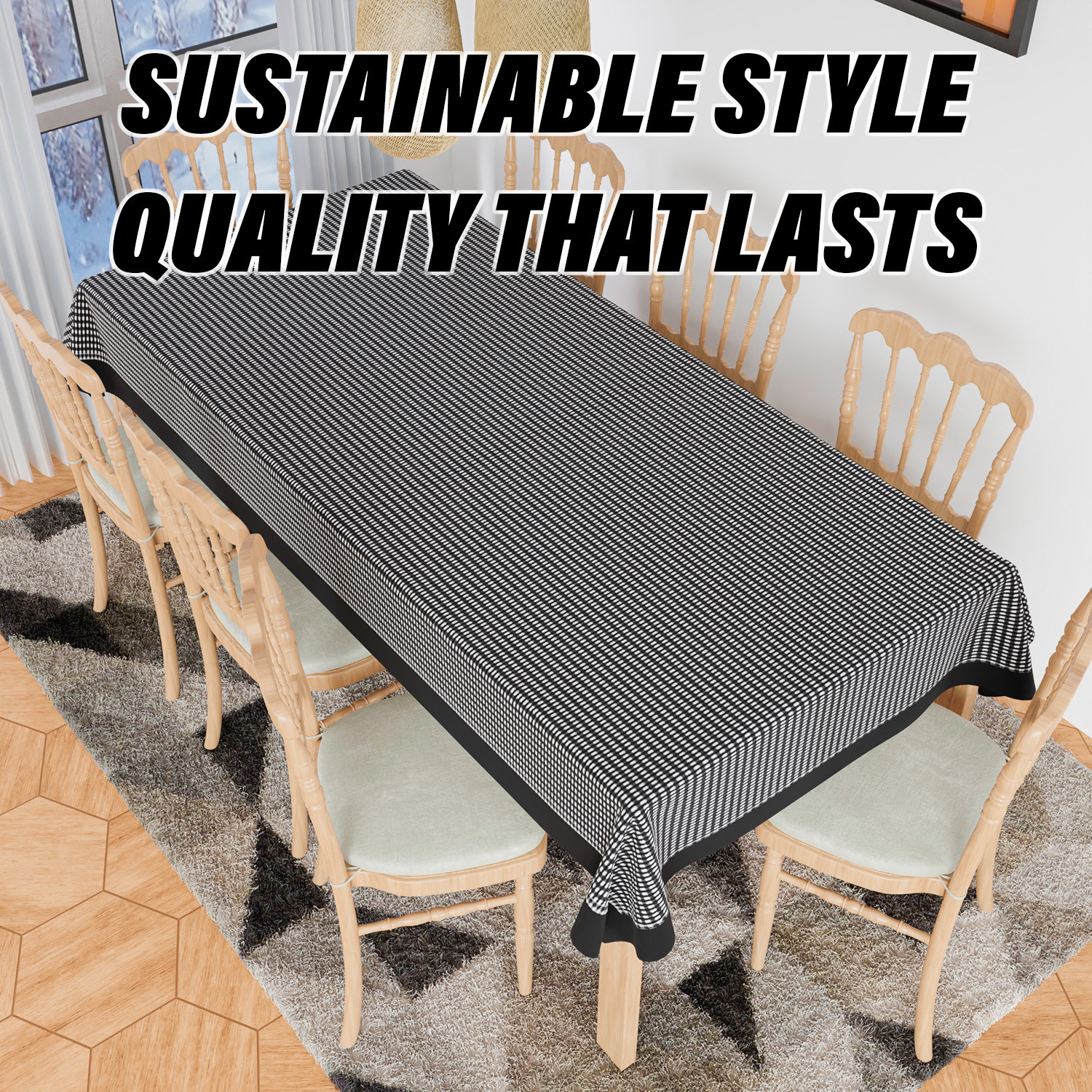 Kuber Industries Dining Table Cover | Cotton Table Cloth Cover | 8 Seater Table Cloth | Barik Check Table Cover | Table Protector | Table Cover for Dining Table | 60x108 Inch | DTC | Black