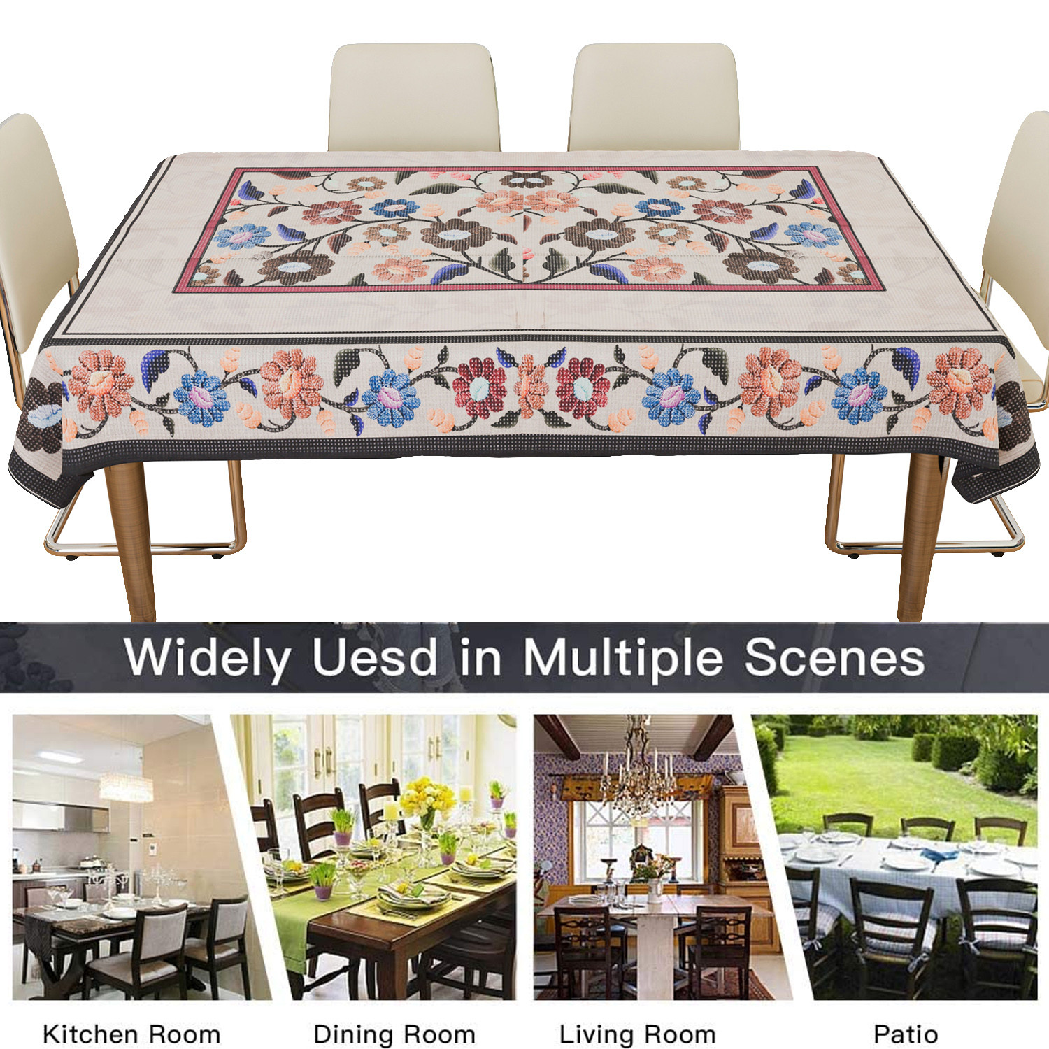 Kuber Industries Dining Table Cover | Digital Multi Flower Print Dining Table Cover | Self Check Net Polyester Dining Table Cover for Home Décor | 60x90 | Beige