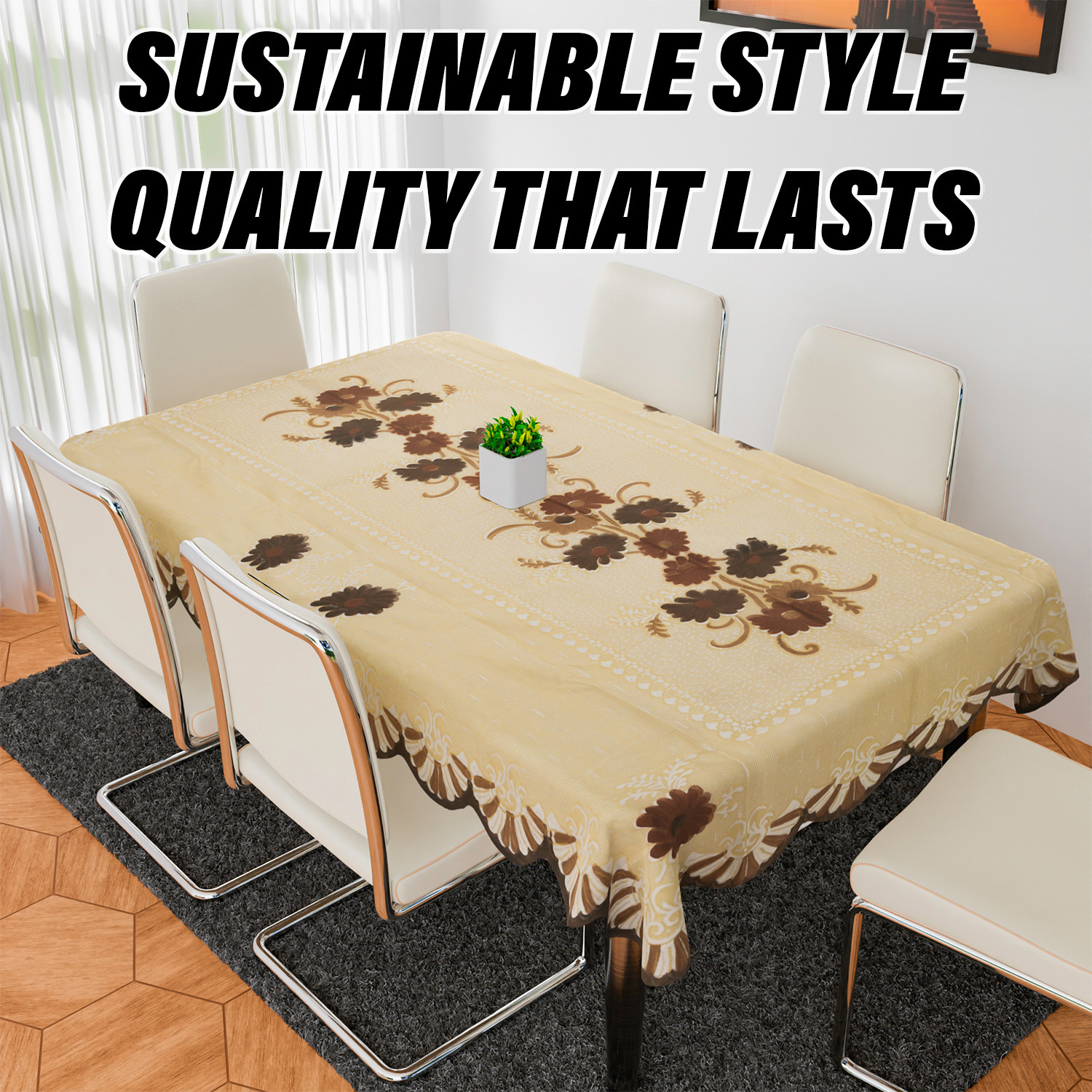 Kuber Industries Dining Table Cover  Flower Design Dining Table Cover  Shinning Net Dining Table Cover  Tablecloth for Dining Area  Home Decor  60x90  Cream