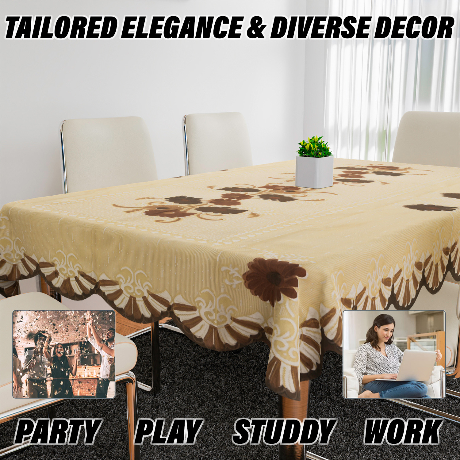 Kuber Industries Dining Table Cover | Flower Design Dining Table Cover | Shinning Net Dining Table Cover | Tablecloth for Dining Area | Home Decor | 60x90 | Cream