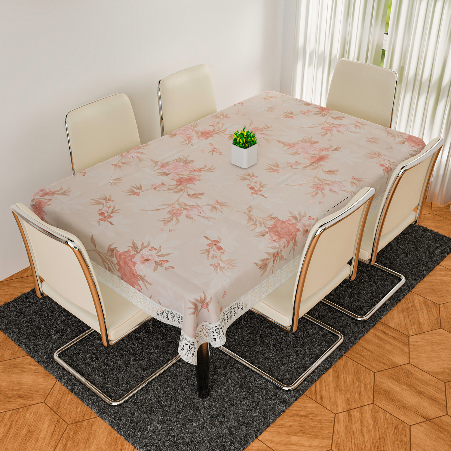 Kuber Industries Dining Table Cover | Heavy PVC Table Cloth Cover | 6 Seater Table Cloth | Red Flower Table Cover | Table Protector | Table Cover for Dining Table | 60x90 Inch | DTC | Cream
