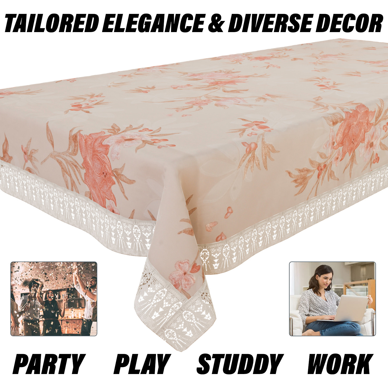 Kuber Industries Dining Table Cover | Heavy PVC Table Cloth Cover | 6 Seater Table Cloth | Red Flower Table Cover | Table Protector | Table Cover for Dining Table | 60x90 Inch | DTC | Cream