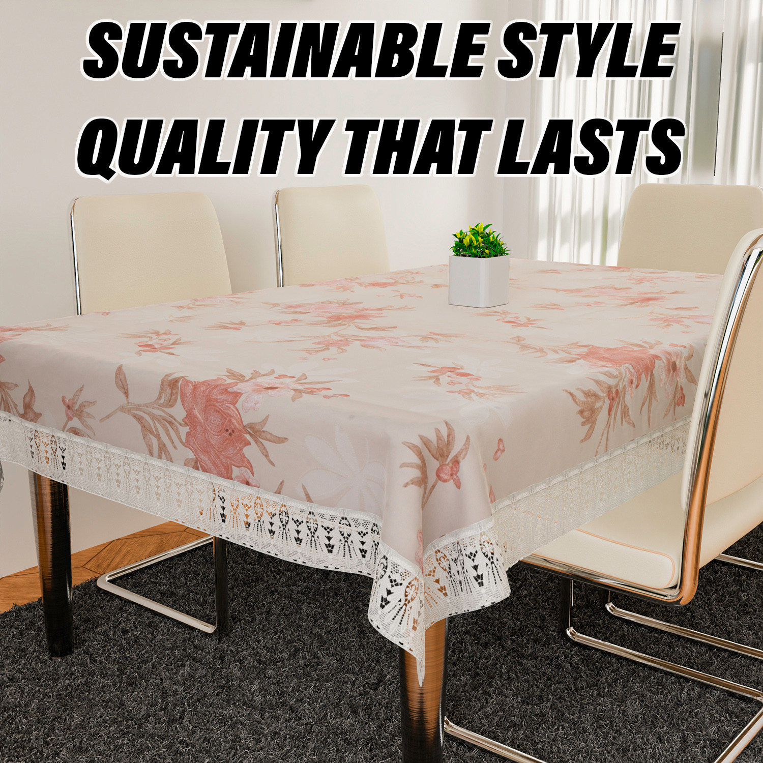 Kuber Industries Dining Table Cover | Heavy PVC Table Cloth Cover | 6 Seater Table Cloth | Red Flower Table Cover | Table Protector | Table Cover for Dining Table | 60x90 Inch | DTC | Cream
